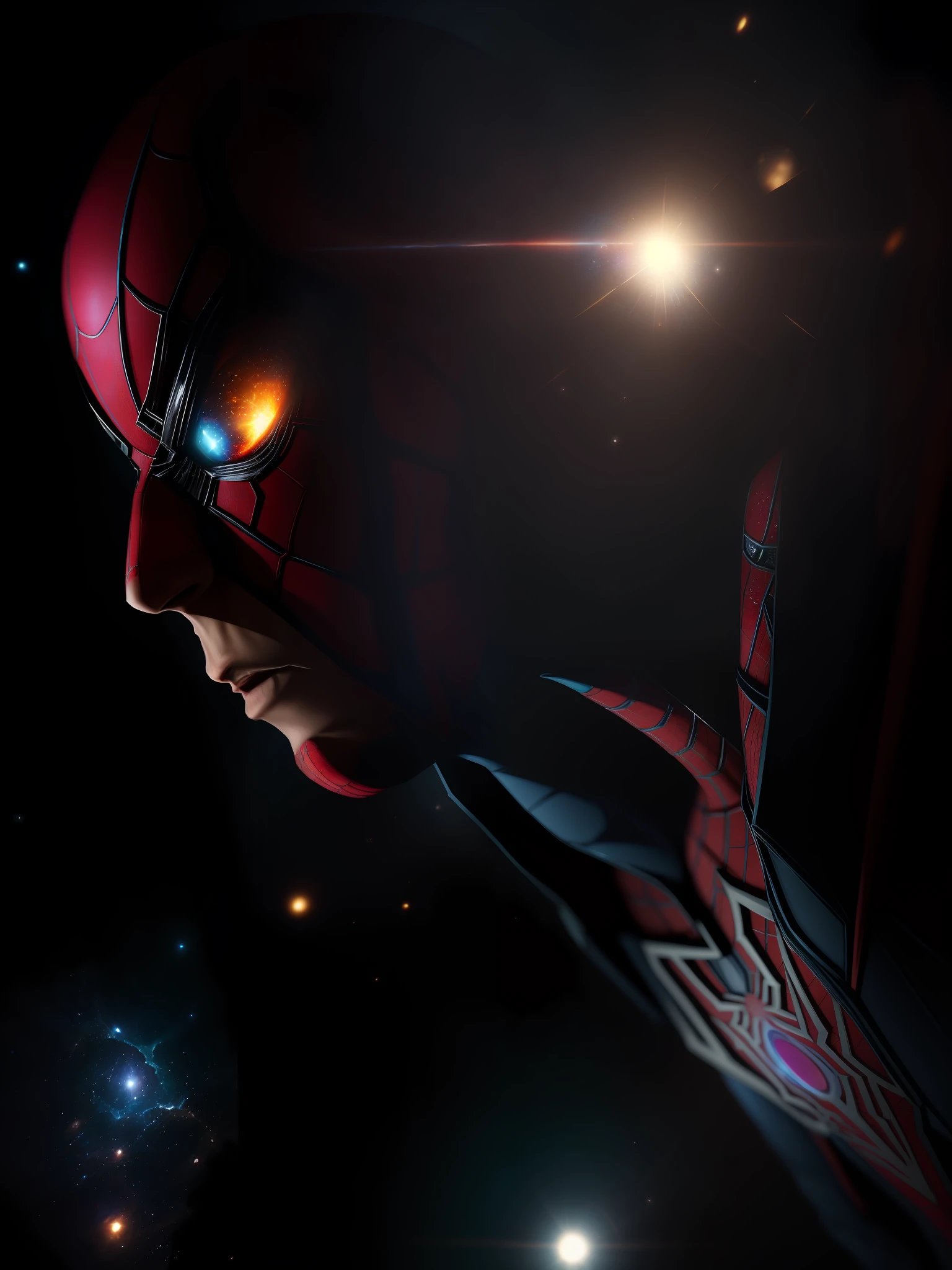 Scene from Movie, Cosmic Spider-Man from Marvel Close-Up Shot, Distorted Space, Distorted Undead in the Background, Lens Flares, Light Shafts, Intricate Details, High Detailed, Volumetric Lighting, 4k Rendering, Stock Photo, Hyper Realistic, Realistic Textures, Dramatic Lighting, Unreal Engine