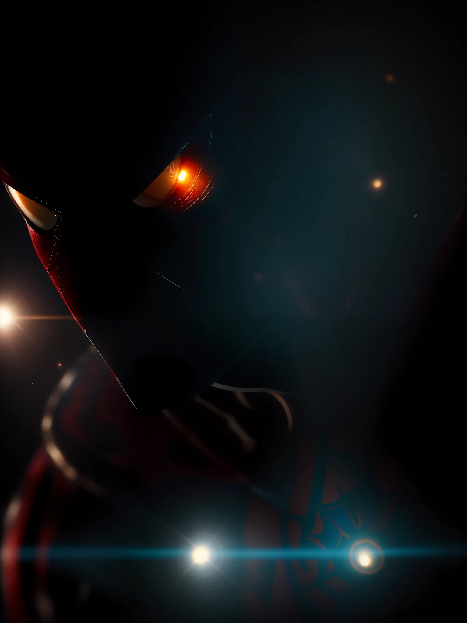 Scene from Movie, Agent Spider-Man from Marvel Close-Up Shot, Distorted Space, Distorted Undead in the Background, Lens Flares, Light Shafts, Intricate Details, High Detailed, Volumetric Lighting, 4k Rendering, Stock Photo, Hyper-Realistic, Realistic Textures, Dramatic Lighting, Unreal Engine