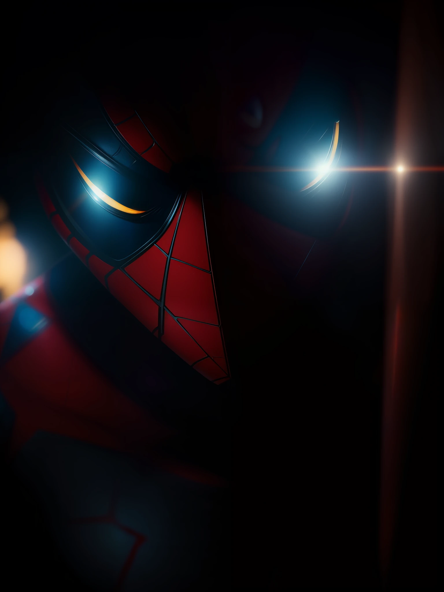 Scene from Movie, Agent Spider-Man from Marvel Close-Up Shot, Distorted Space, Distorted Undead in the Background, Lens Flares, Light Shafts, Intricate Details, High Detailed, Volumetric Lighting, 4k Rendering, Stock Photo, Hyper-Realistic, Realistic Textures, Dramatic Lighting, Unreal Engine