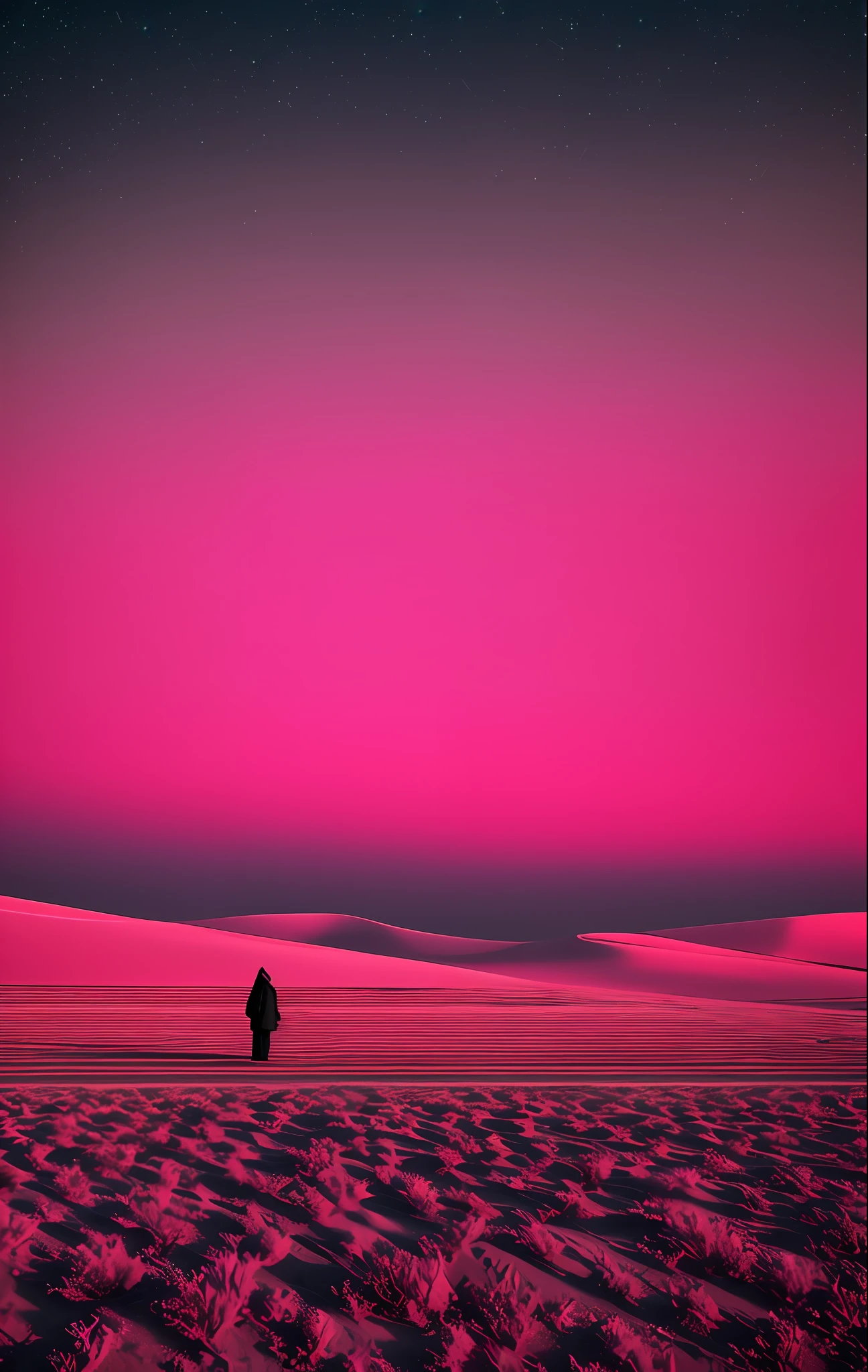 a sunset and a pink line in the desert in the style of ominous vibemonochromatic artworks,felicia simion,digital art techniques light black and magenta,tumblewavelight black and orange--q2--s750--v 5.