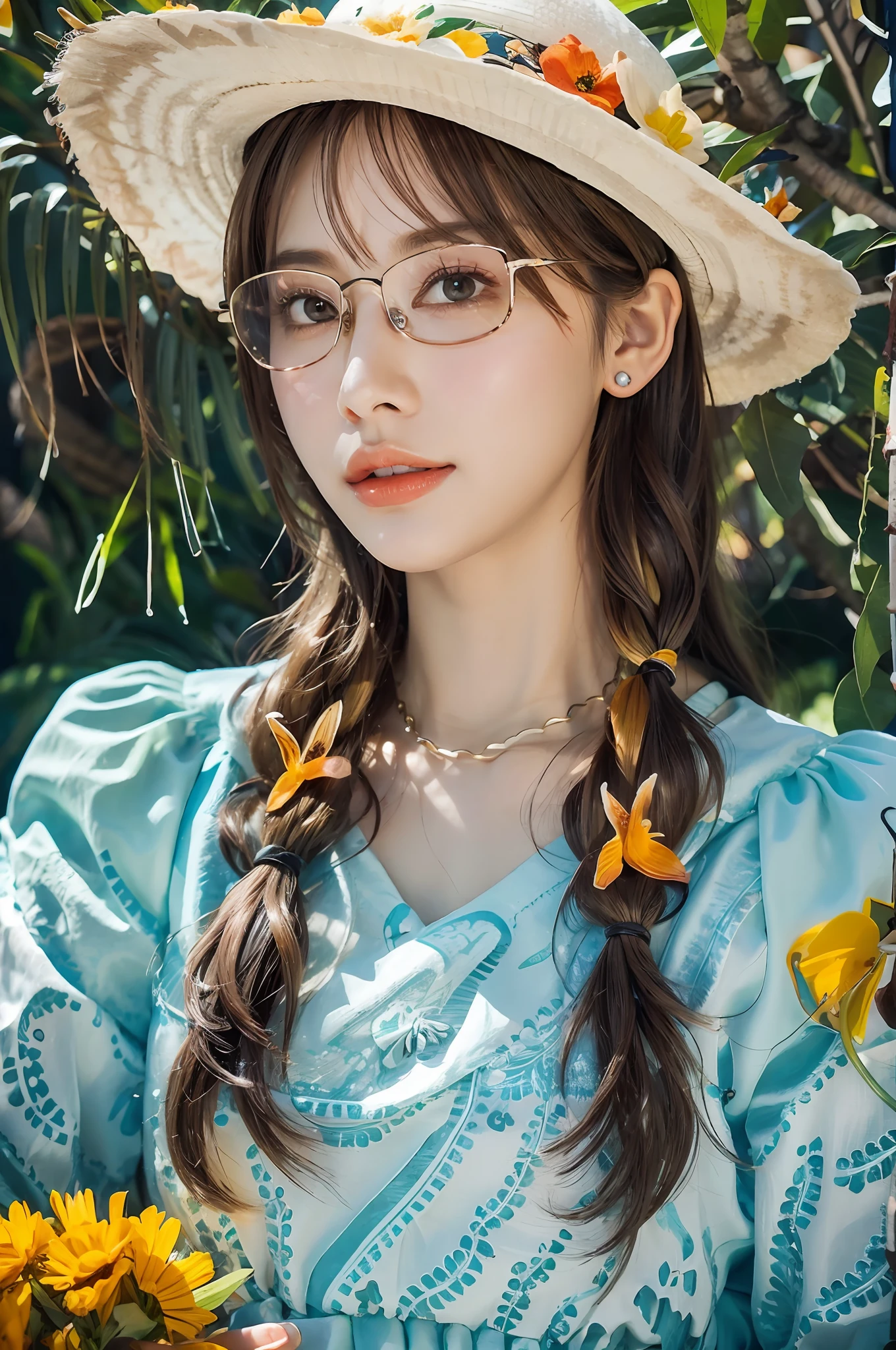 1girl, solo, starfish, shell, flower, hat, hair accessory, jewelry, straw hat, looking at the audience, sunglasses, hat flower, straw, hair clip, earrings, safflower, tinted glasses, yellow flower, bangs, colorful hair, orange blossom, black hair, ring, cup, long hair, orange glasses, food, brown hair, portrait, shell hair ornament, perfect hand shape, highly detailed face and skin texture, fine eyes, double eyelids, whitening skin, long hair,