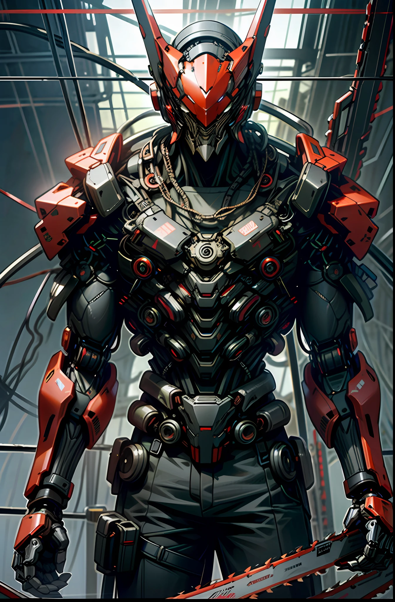 Dark_Fantasy,Cyberpunk,(chain saw,chain saw man,Red:1.1),1man,Mechanical marvel,Robotic presence,Cybernetic guardian,
