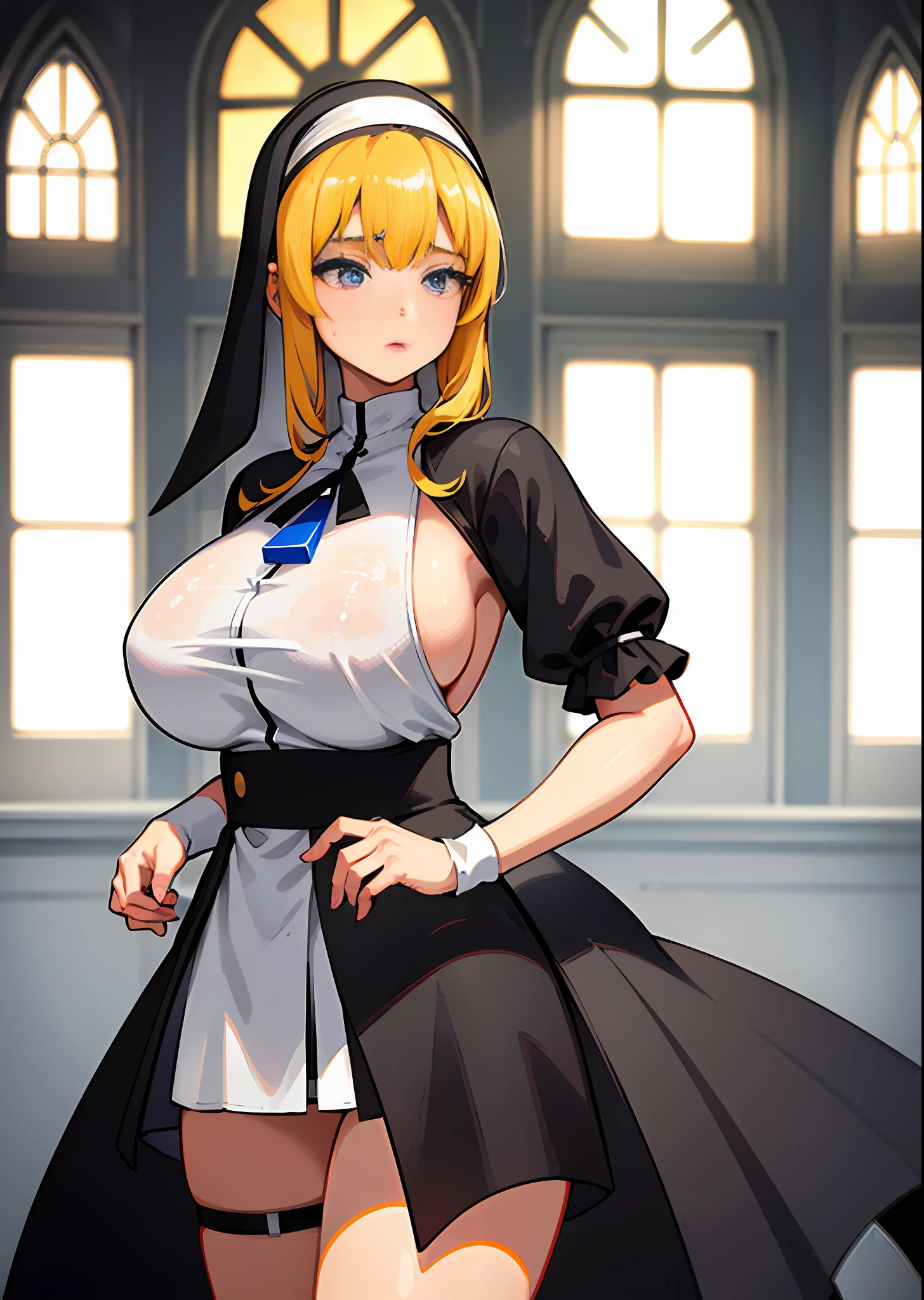 Breasts larger than torso, huge breasts, crazy swollen breasts, beautiful young nun princess, white nun habit, tight black nun robe with buttons, button gap, Robin Wright, bright colors of the right wing in the background, detailed face, very delicate skin, thick chubby body, (oppai:1.9) breast size, chest shot upward, black burlap nun long skirt, billowing skirt, an 18-year-old nun seduced by the devil, bright bright colors, concerned facial expressions, Messy bright blonde hair, (realistic: 1.5), sunken skin. octane rendering, (unparalleled masterpiece, ultra-realistic 8k CG, dramatic, ray tracing, HDR:1.2), (best quality), fantastical, atmospheric, extremely detailed, intricate, ultra-detailed, harsh lighting, (specular illumination: 1.4), (realistic face: 1.2), (skin dents: 1.3), (1 girl: 1.4)