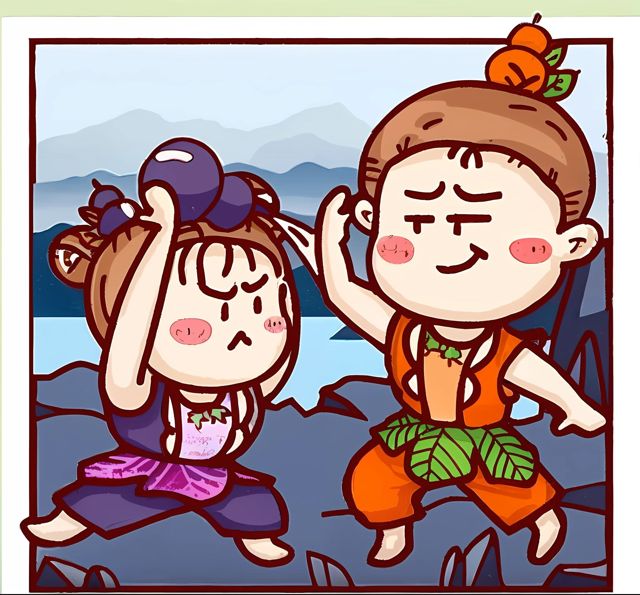 cartoon illustration of a couple of people doing yoga on a beach, in orange clothes) fight, 😃😀😄☺🙃😉😗, negao, hand painted cartoon art style, ehime, japanese cartoon style, 🍁 cute, in japanese anime style, official fanart, high quality fanart, japanese animation style, in the art style of ukiyo - e, fanart