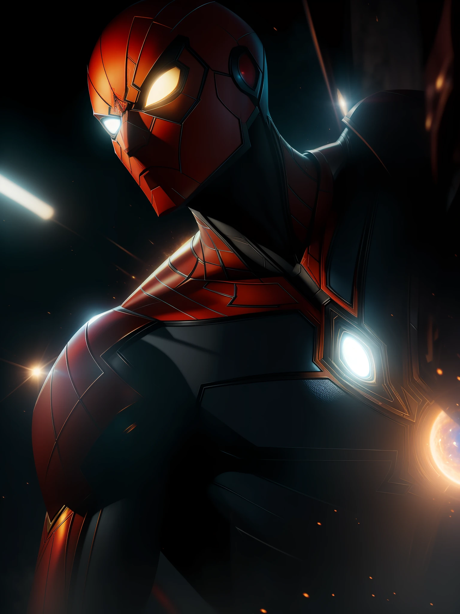 Movie scene, Iron Spider from Marvel close-up shot, distorted space, distorted undead in the background, lens flares, light shafts, intricate details, highly detailed, volumetric lighting, 4k rendering, stock photo, hyper-realistic, realistic textures, dramatic lighting, Unreal Engine