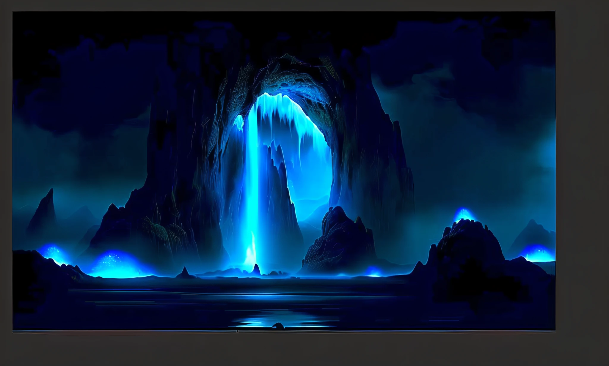 there is a waterfall coming out of a mountain with a blue light, matte painting arcane dota pixar, dota! matte painting concept art, dota matte painting concept art, deviantart eka's portal, a portal to the lost flame realm, portal to the ethereal realm, spirits coming out of portal, luminescent matte painting, legend of korra setting, portal opening