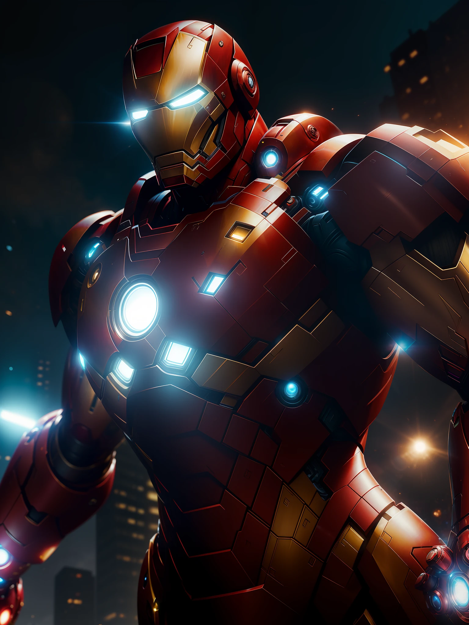 Scene from the movie, close-up shot of Iron Man 1872 from Marvel, distorted space, distorted undead in the background, lens flares, light shafts, intricate details, highly detailed, volumetric lighting, 4k rendering, stock photo, hyper-realistic, realistic textures, dramatic lighting, Unreal Engine