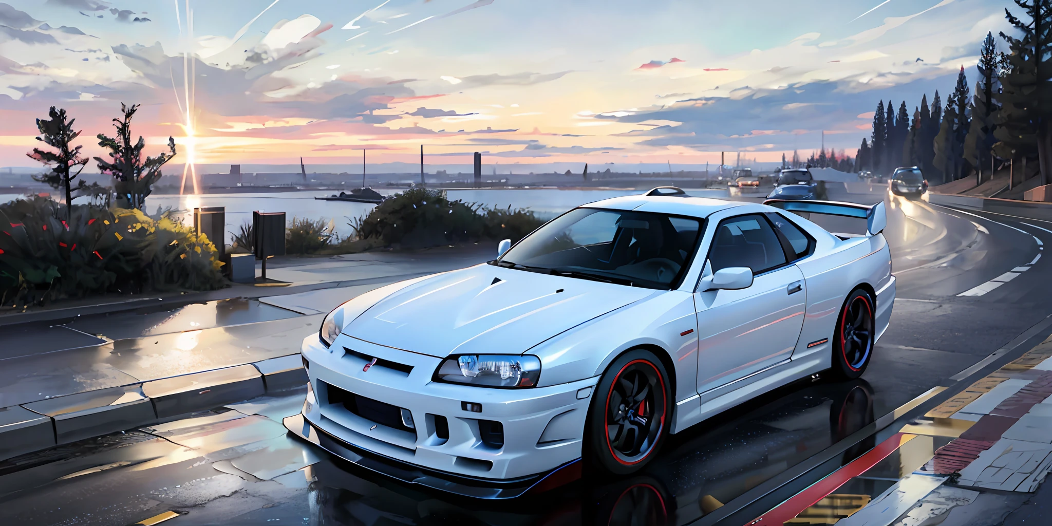Masterpiece, best quality, official art, extremely detailed CG unity 8k wallpaper, illustration, day, in spring, cloudy, sky, beautiful detailed sky, light, official art, very detailed CG unity 8k wallpaper, illustration, day, in spring, cloudy, sky, beautiful detailed sky, light, 1car, (car:1), motor vehicle, ground vehicle, sports car, nissan, gtr, blue car, skyline R34, vehicle focus, road, need for speed, mobile, wet ,