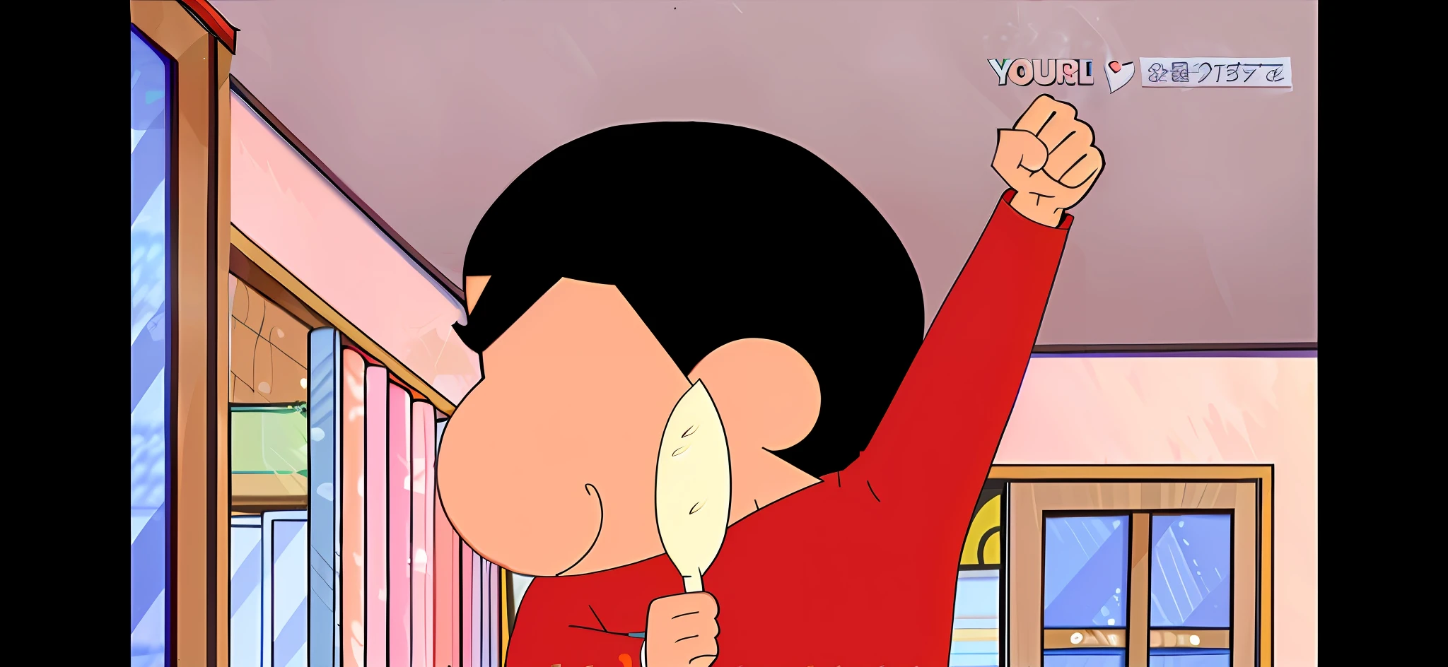 He holds a hamburger in his right hand, a fist in his left hand, and his arm muscles bulge slightly