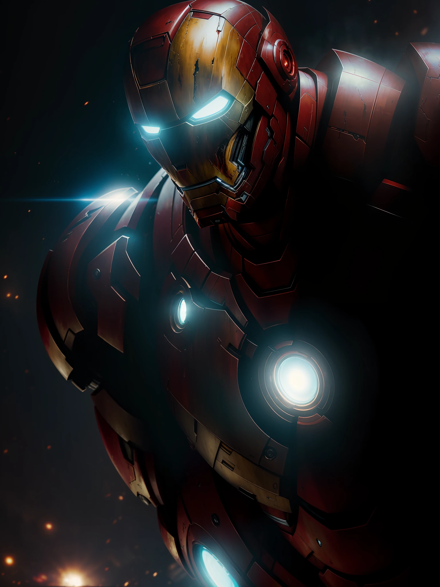 Movie scene, Zombie Iron Man from Marvel close-up shot, distorted space, distorted undead in the background, lens flares, light shafts, intricate details, highly detailed, volumetric lighting, 4k rendering, stock photo, hyperrealistic, realistic textures, dramatic lighting, Unreal Engine