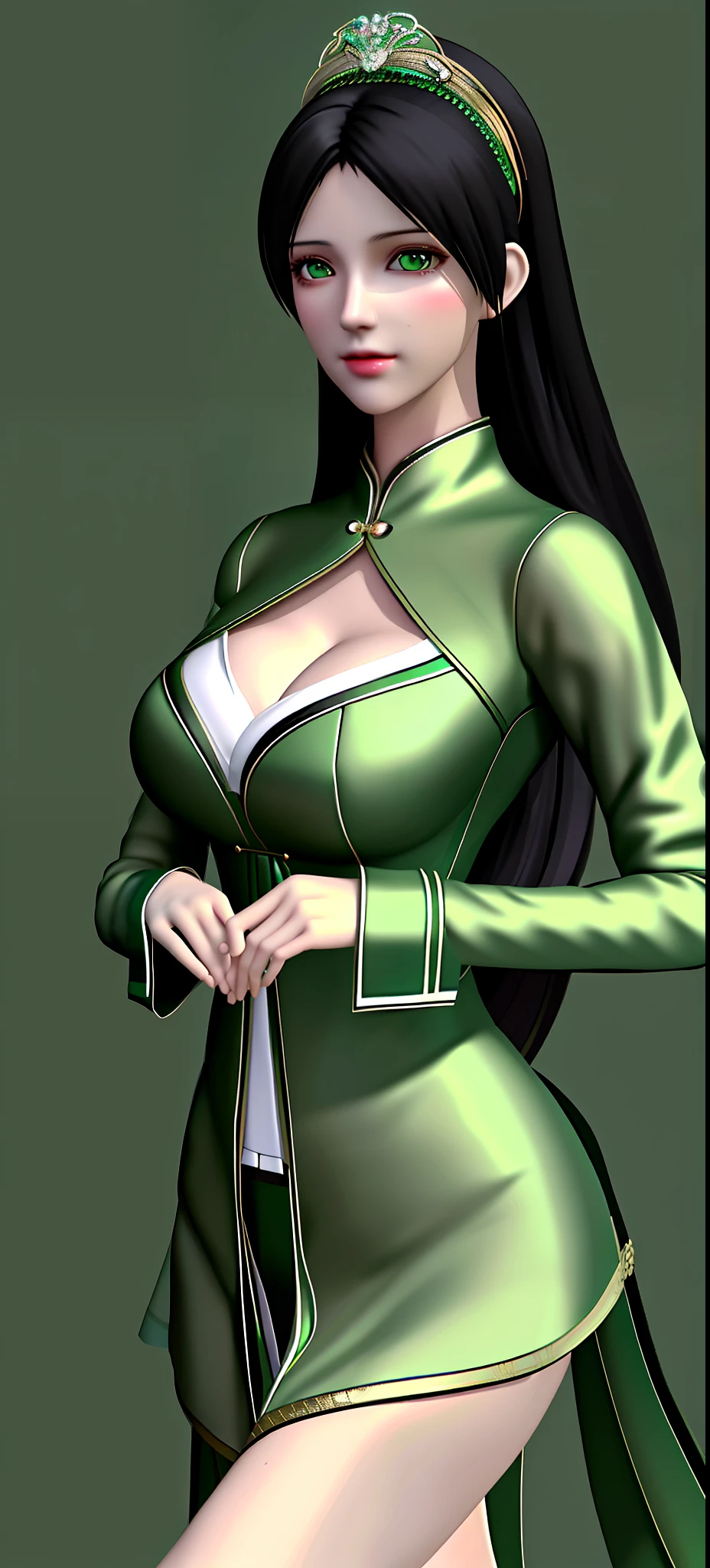 3dcg (0.8), human wife, black hair, light green clothes, elegant temperament, underwear, big breasts, half naked, cleavage, beautiful legs, visible, high quality, detailed, HD