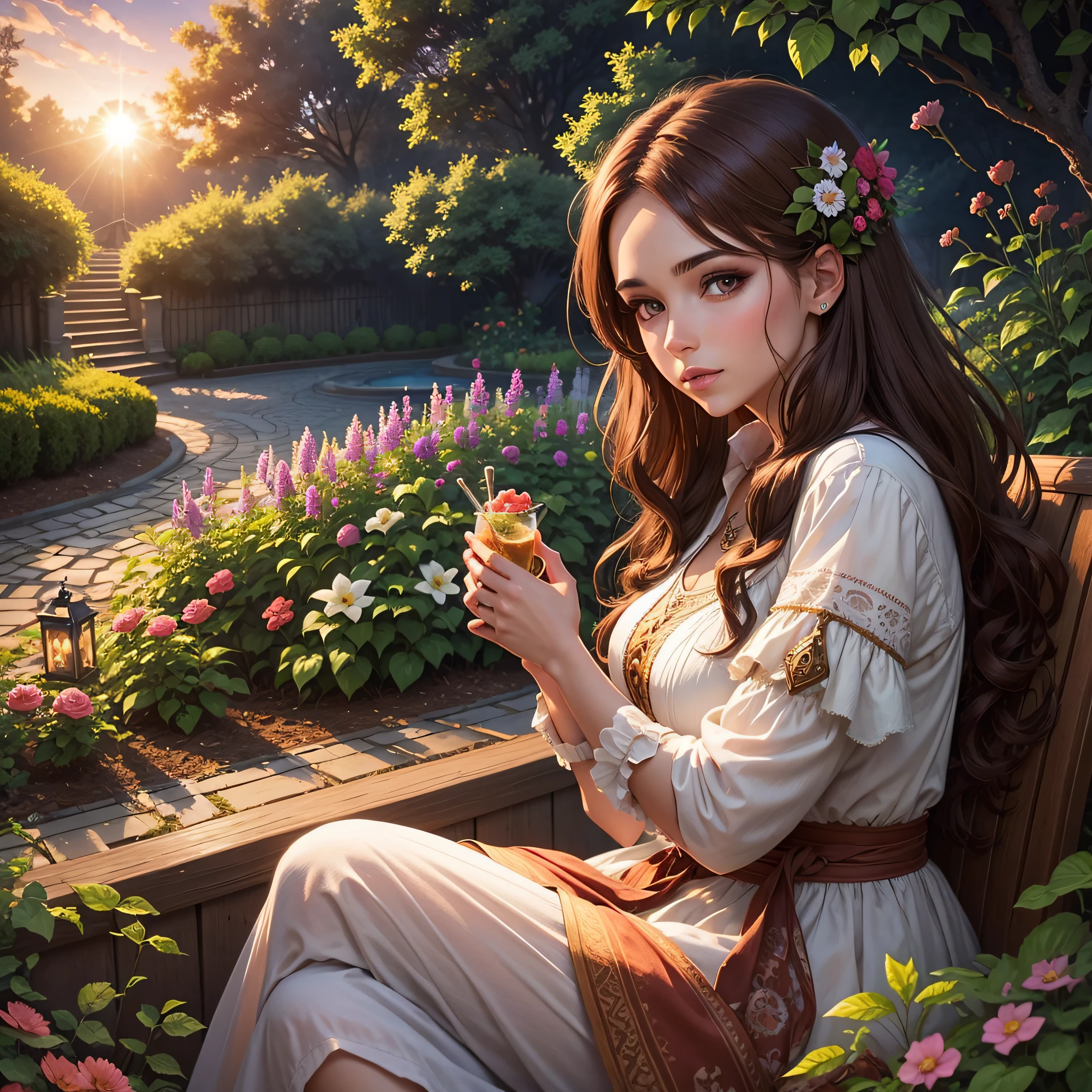 Beautiful mystical woman with brown hair, in a garden enjoying the sunset --auto --s2