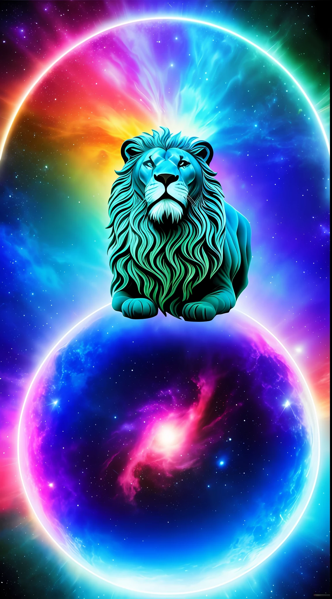 absurd, ultra detailed, Create an image using a prism effect, with light refraction and creating a colorful and kaleidoscopic appearance. Create an image with fisheye lens effect, capturing a wide field of view with a distinct, curved perspective. BREAK , Capture of an imposing lion style Greek sculpture, with a beautiful nebula in the colors baby blue and purple, conveying a sense of tranquility and natural beauty. BREAK , Illustrate a monochromatic world, convey depth, emotion and an impressive visual impact and with transparent background