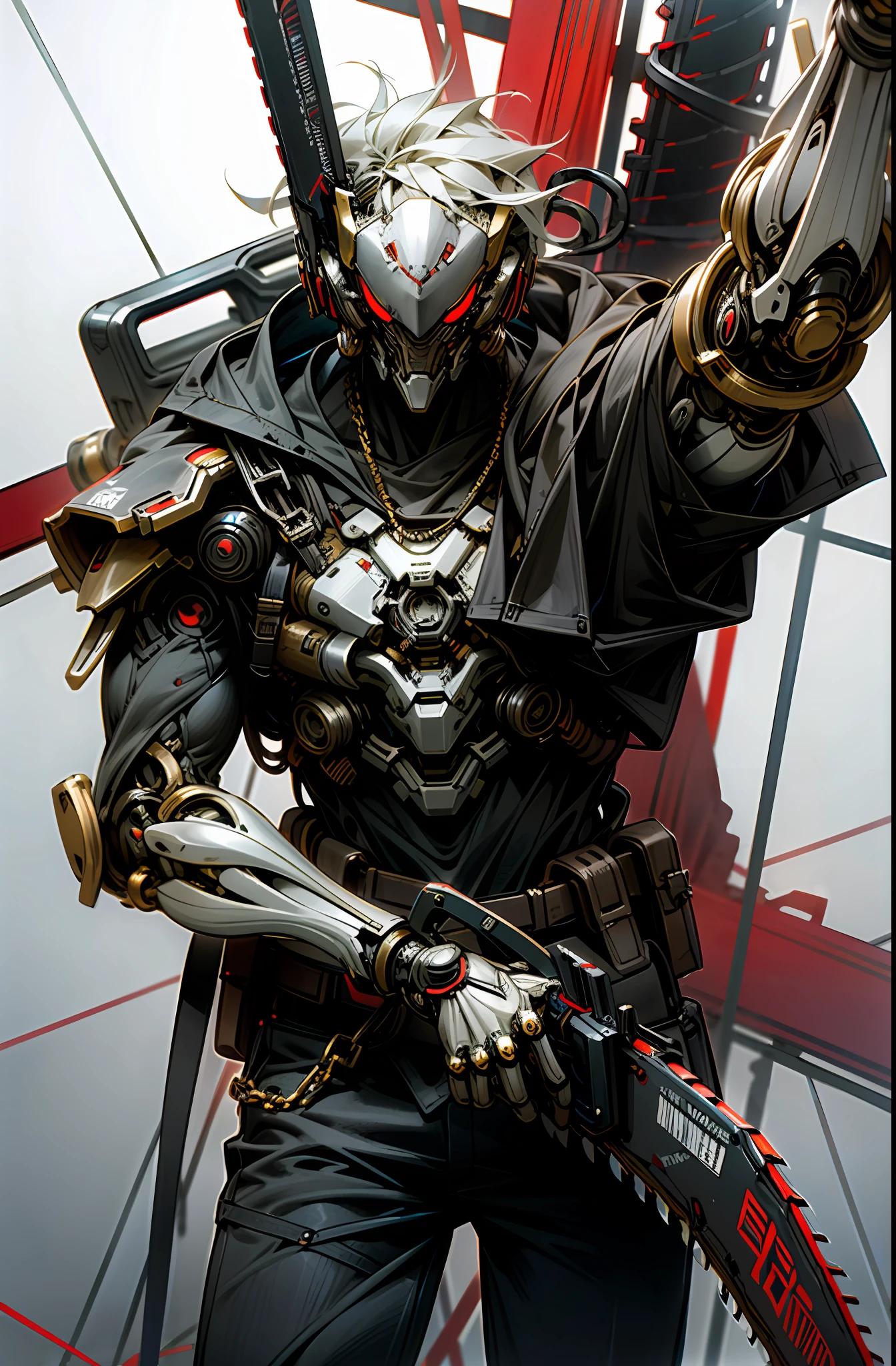 Dark_Fantasy,Cyberpunk,(chain saw,chain saw man,Red:1.1),1man,Mechanical marvel,Robotic presence,Cybernetic guardian,