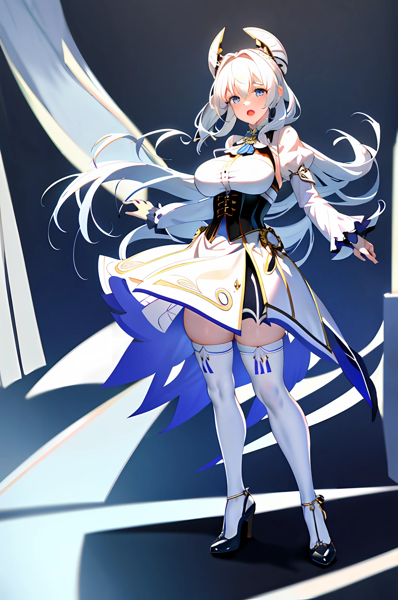 Ultra-realistic 8k CG, beautiful girl with white hair, blue eyes, open mouth, puffy, plump body, corset breast, fleshy thighs, white patterned stockings, high heels, full body, looking at the audience, symmetry,