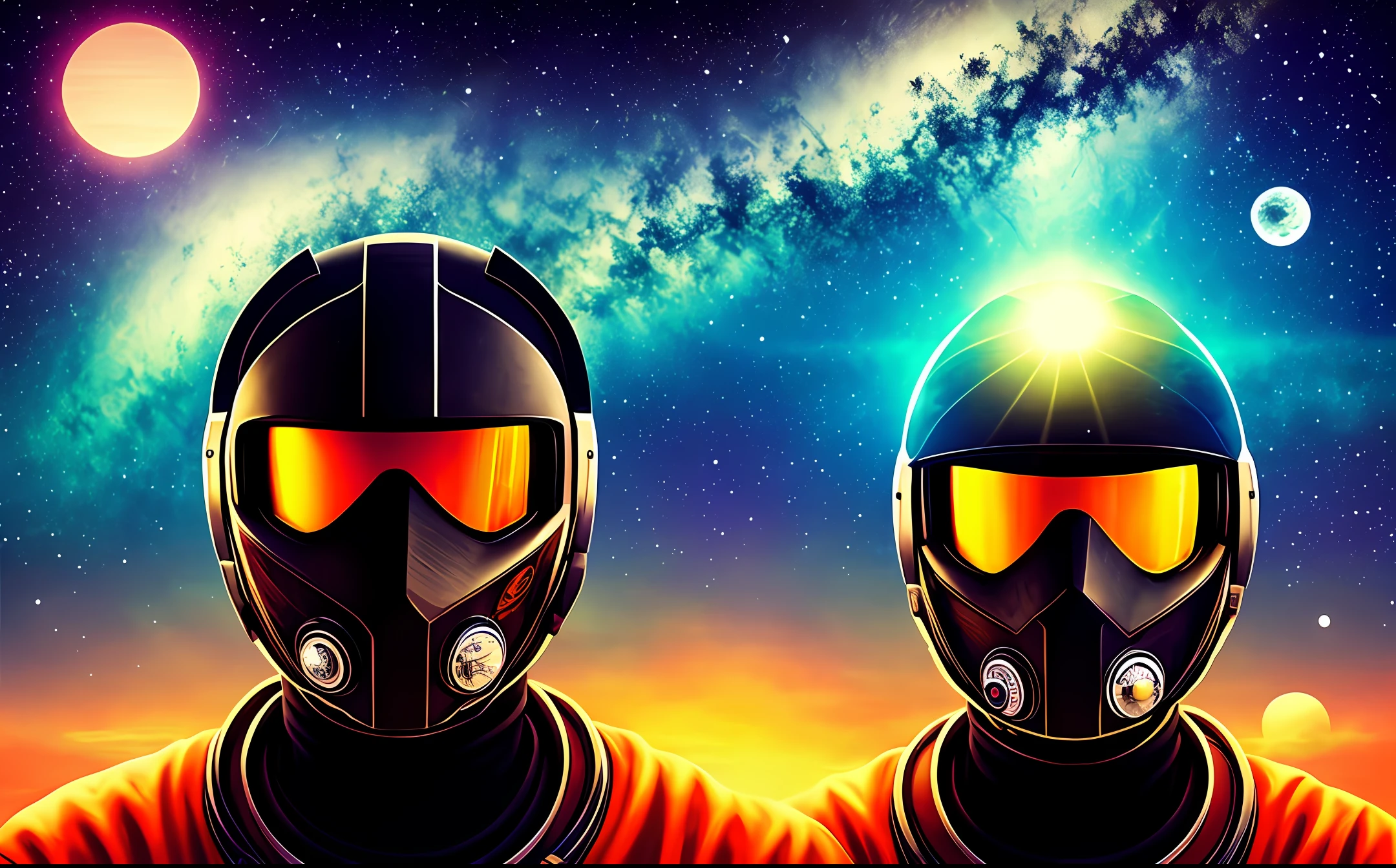 Astronaut Ninja, dreamlikeart, [light, paint, jwst, spiral galaxy, cosmic horrors beyond comprehension:ink, shadow,:0.25], big man, eyes, pupils, dublex, mountainous horizon, sun, [glitch|databending]