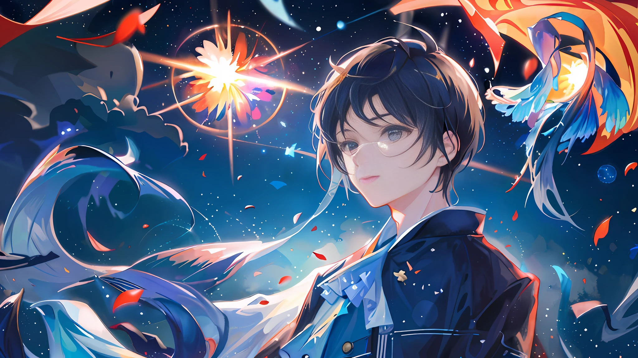 (Masterpiece), the best quality, ultra-detailed, dynamic Kimono boy, swimming on the water, fireworks blooming, petals fluttering, and a deep blue starry sky in the background. (dynamics, details, atmosphere emphasis).