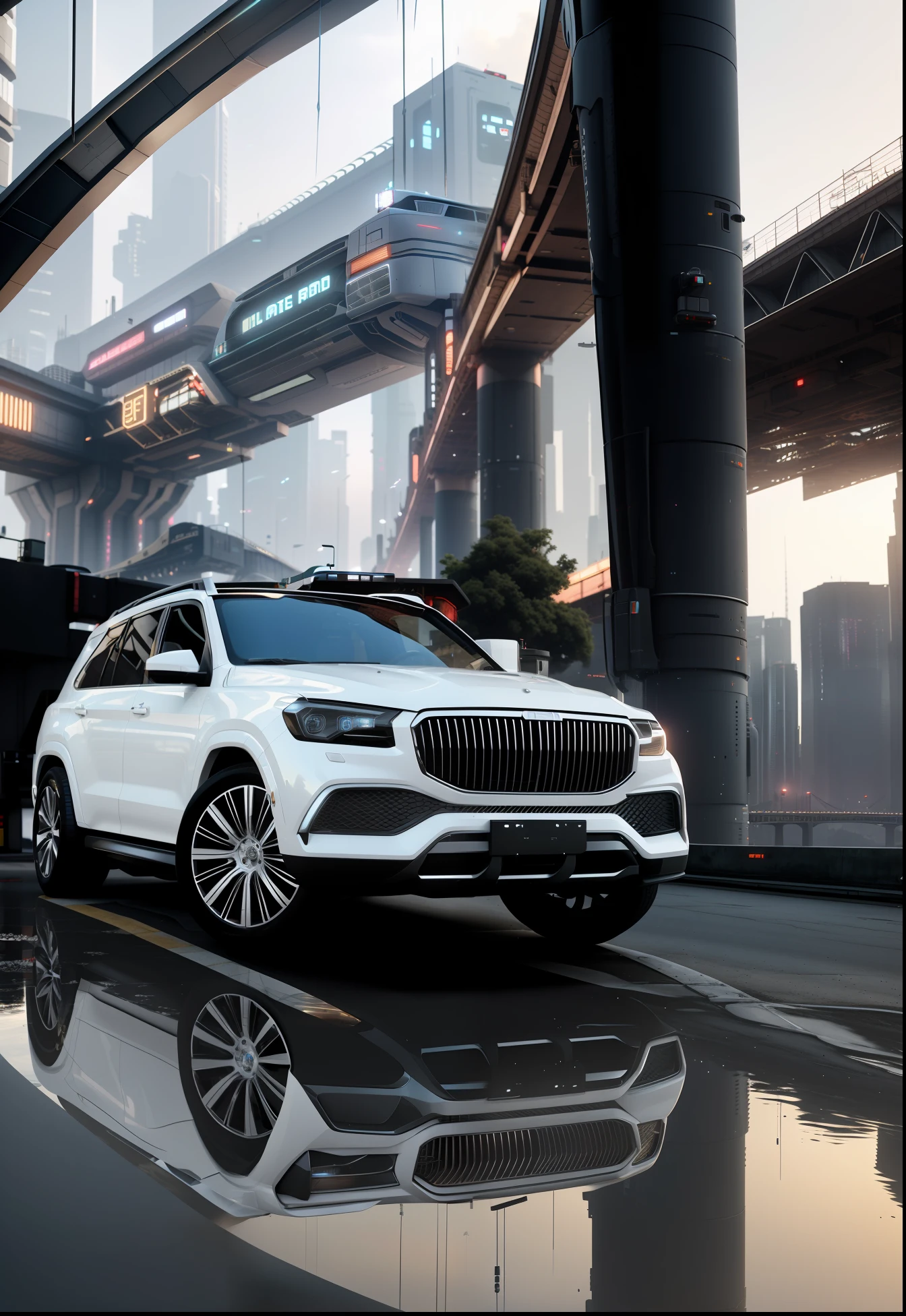 arafed view of a white suv parked in front of a bridge, in style of beeple, cinematic front shot, inspired by Beeple, cinematic beeple, beeple style, 8 k cg render, in the art style of filip hodas, hyper-realistic cyberpunk style, photorealistic cinematic render, beeple. octane render