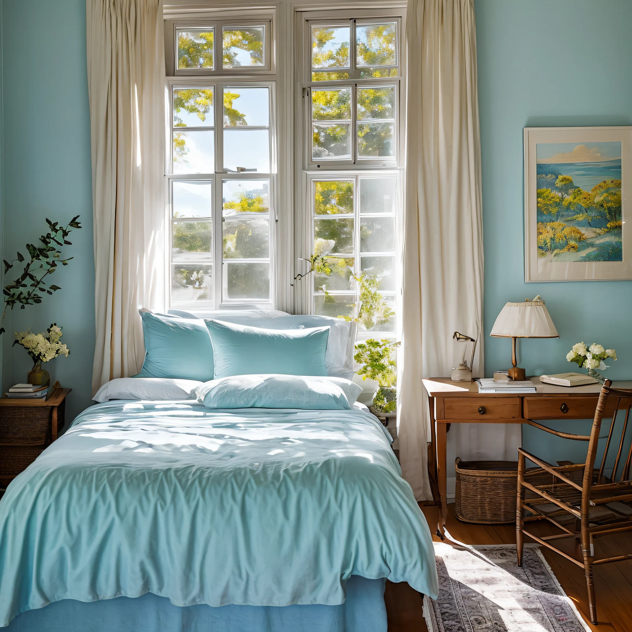 A room where the sun shines in, the bed is covered with pale blue sheets, a cat sleeps at the foot of the bed, and a writing desk leans against the window, which is open --auto --s2