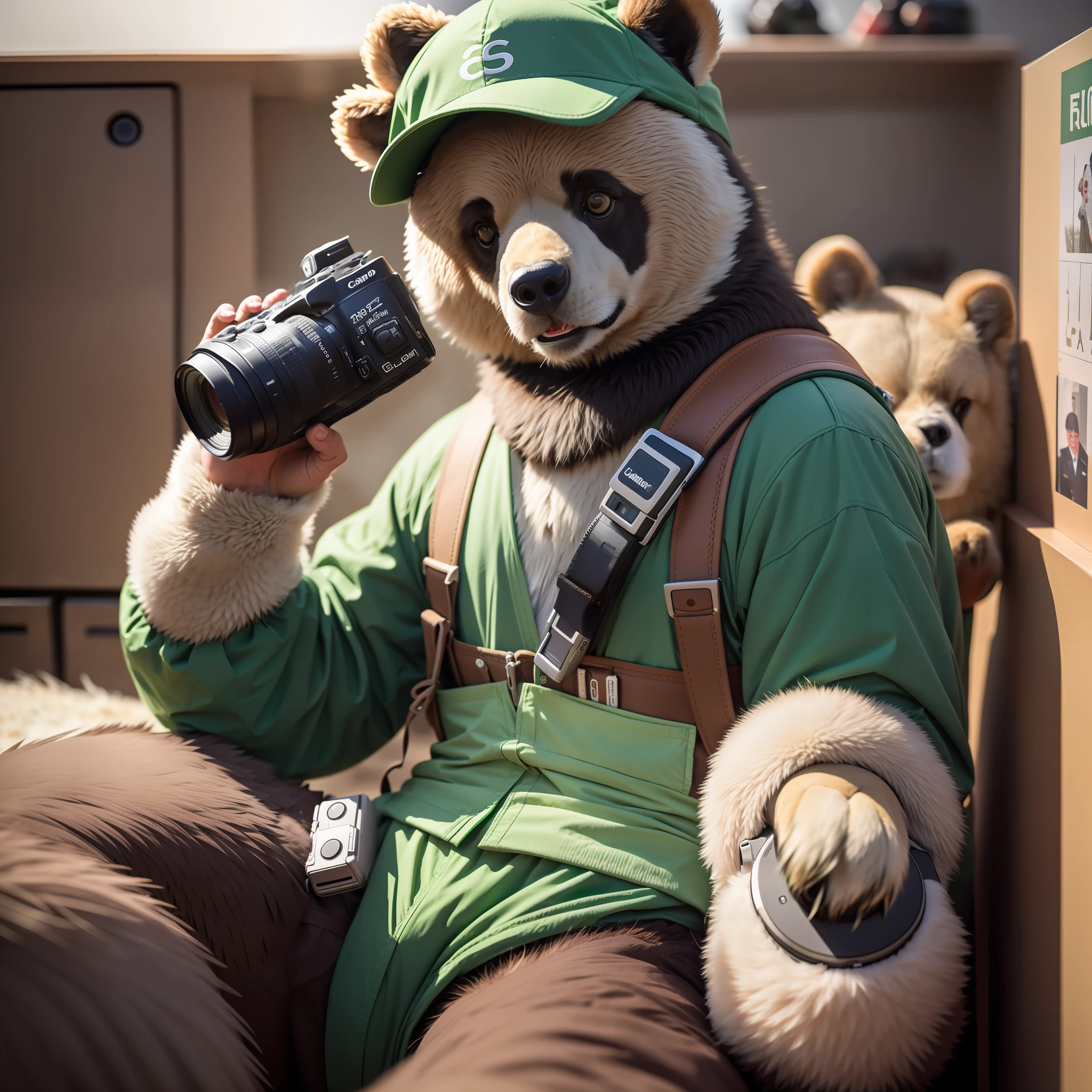 araffe dressed in green holding a camera and a camera, professional cosplay, close to the camera, national geographic photoshoot, captured on canon eos r 6, fujifilm”, taken with canon 5d mk4, shot on sony a 7 iii, posing for a picture, posing for the camera, portrait shot, shot on canon eos r5, shot on canon eos r 5