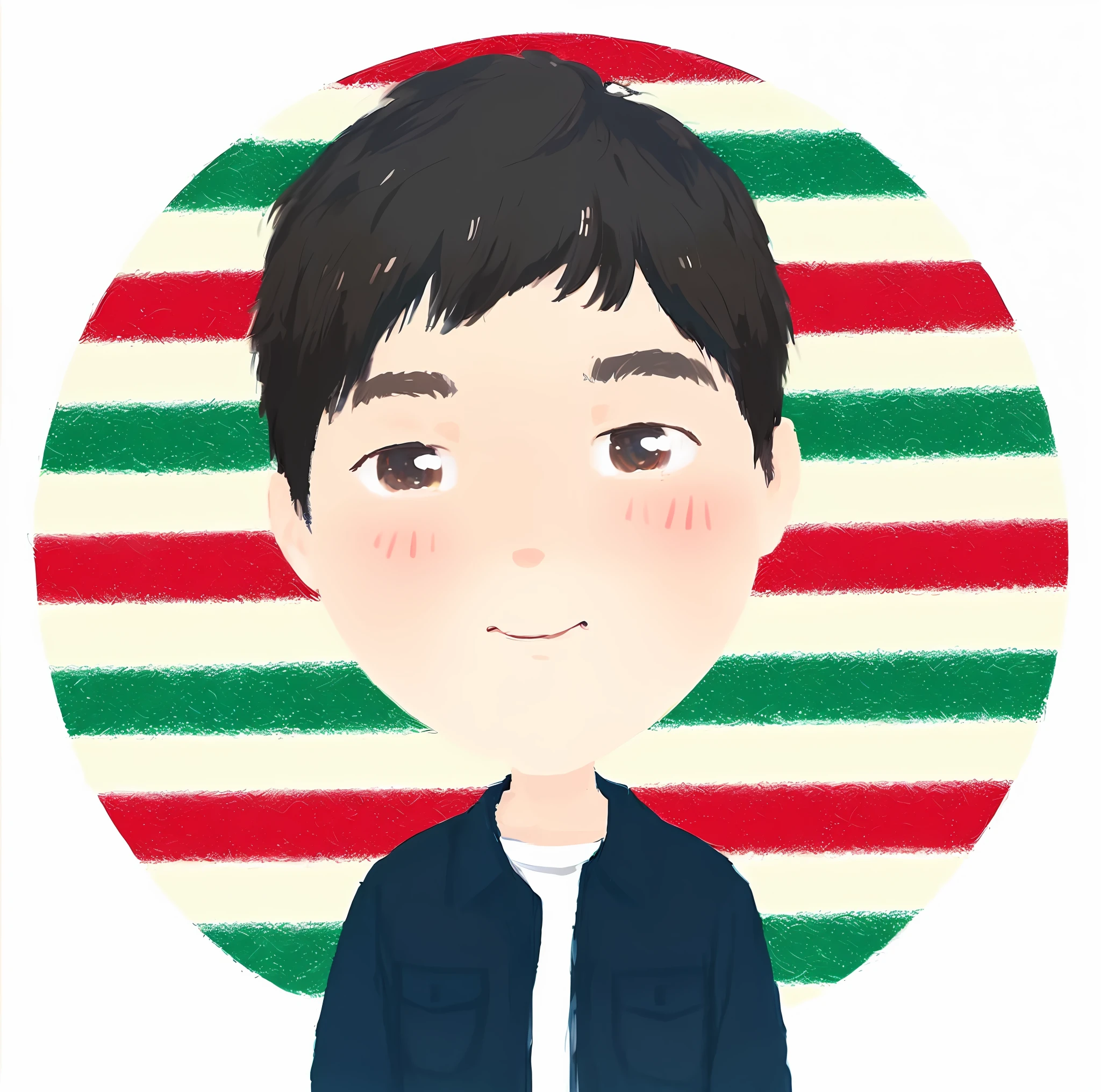 illustration of a boy with a blue shirt and a red and green striped background, by Yanagawa Nobusada, inspired by Yanagawa Nobusada, ruan cute vtuber, boy has short black hair, inspired by Kim Myeong-guk, by Oka Yasutomo, inspired by Watanabe Kazan, by Yuko Tatsushima