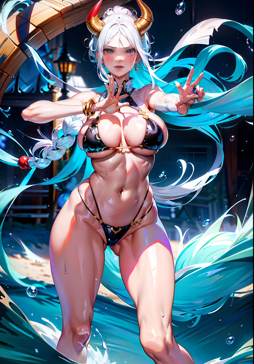 Sagging boobs, huge breasts, boobs squeezed by bikinis. huge tits。 Open your mouth and smile, showing your teeth, fangs. (NSFW: 1.98) Arad woman in bikini poses a sword on the beach, extremely detailed Artgerm, on the beach, Ross landscape background, perfect white-haired girl, seductive anime girl, like Artgerm, on the beach, beautiful seductive anime woman, Rostland !!!, Rostland style, art germ. Anime illustration on sunny beach, (oily skin)) with horns on the head and two red and yellow horns on the head. End of curl. White transparent cheongsam. (Wearing white transparent fabric cheongsam, cheongsam chest opening, highest fabric material, fabric performance 8K, physics engine calculation demonstration):: 1.8. (High-quality, detailed CG art), (beautiful light and shadow, floating effect) (1 person) (shiny hair, blue hair: 1.2 + gray hair: 1.6), when the skin between the chest and lower abdomen is wet, dripping water droplets and sweat slip together, sexy gorgeous, still photos convey a dynamic effect. (extremely detailed, well-made, highest image quality, strong specular reflection of bikinis, clear latex texture) The woman is extremely beautiful, extremely sexy, beautiful and moving, seductive, and the transparent texture of the leggings is just right, making people shine. ((NSFW, low saturation)) ((oily skin)), ((water droplets on the skin)), 1.6. The body is moist and shiny, the body is wet and shiny, the body is wet and shiny, the breasts are bigger, the ass is bigger. ((Masterpiece)), the best quality, super fine, highly realistic, wet all over, bathed in rain, every bead of sweat is clearly visible. (Masterpiece: 1.6), (Best Quality: 1.5), Ultra High Resolution, 1 Girl, Very Detailed, 8K, Beautiful, Detailed Eyes, Look at the Viewer, Intense Dark Colors, (Depth of Field), (Dynamic), (Epic), Sharp Focus, (Intricate Details: 1.86), Full Color, Nano \ (One Piece), Bangs, Bare Shoulders, Belt, Gold Striped Transparent Heart Sticker, Blue Sky, Bracelet, Breasts