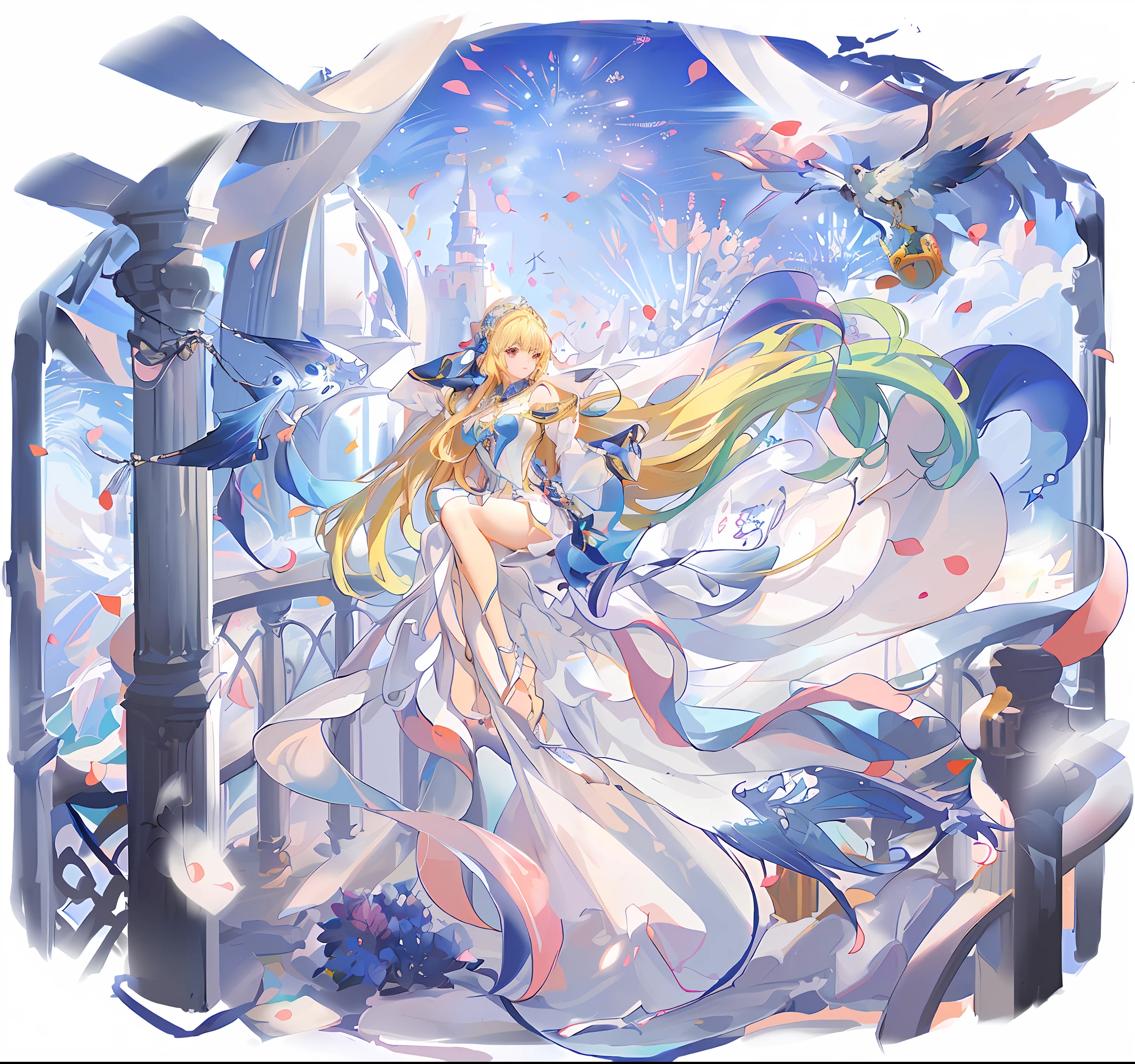 anime girl in a white dress with a sword and a bird, anime goddess, pixiv contest winner, the sailor galaxia. beautiful, anime fantasy illustration, beautiful anime artwork, ((a beautiful fantasy empress)), beautiful fantasy anime, a beautiful artwork illustration, blonde - haired princess, official anime artwork, beautiful anime art, anime art nouveau cosmic display, anime fantasy artwork