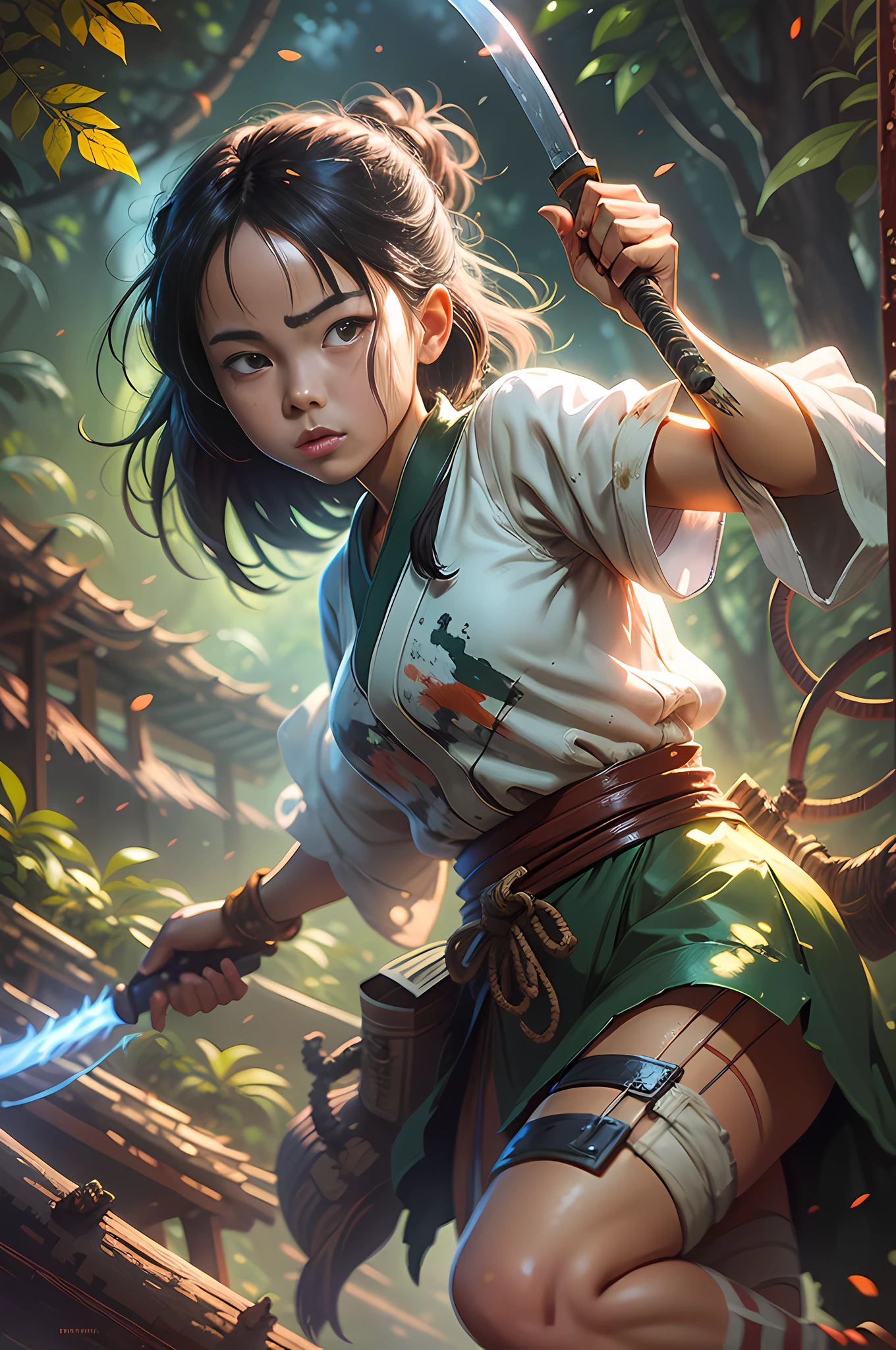 A mix of comic art and lineart full of natural colors, a young, brave and wild Vietnamese girl in the jungle fighting a snake with a machete, best quality, masterpiece, high resolution, acrylic painting, trend on pixiv fan box, spatula and brushstrokes, style by Makoto Shinkai, Jamie Wyeth, James Gillard, Edward Hopper, Greg Rutkowski, Studio Ghibli, Kenshin effect