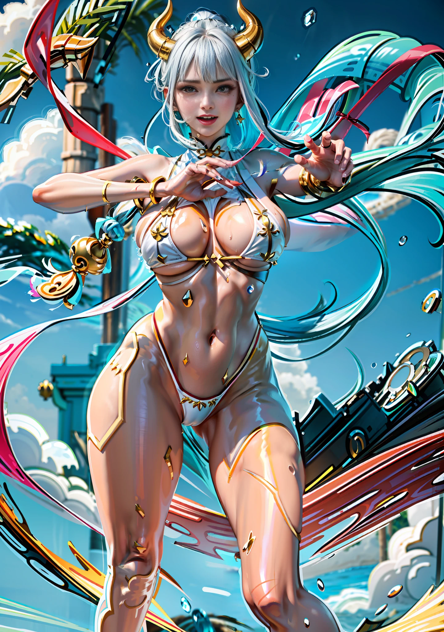 Sagging boobs, huge breasts, boobs squeezed by bikinis. huge tits。 Open your mouth and smile, showing your teeth, fangs. (NSFW: 1.98) Arad woman in bikini poses a sword on the beach, extremely detailed Artgerm, on the beach, Ross landscape background, perfect white-haired girl, seductive anime girl, like Artgerm, on the beach, beautiful seductive anime woman, Rostland !!!, Rostland style, art germ. Anime illustration on sunny beach, (oily skin)) with horns on the head and two red and yellow horns on the head. End of curl. White transparent cheongsam. (Wearing white transparent fabric cheongsam, cheongsam chest opening, highest fabric material, fabric performance 8K, physics engine calculation demonstration):: 1.8. (High-quality, detailed CG art), (beautiful light and shadow, floating effect) (1 person) (shiny hair, blue hair: 1.2 + gray hair: 1.6), when the skin between the chest and lower abdomen is wet, dripping water droplets and sweat slip together, sexy gorgeous, still photos convey a dynamic effect. (extremely detailed, well-made, highest image quality, strong specular reflection of bikinis, clear latex texture) The woman is extremely beautiful, extremely sexy, beautiful and moving, seductive, and the transparent texture of the leggings is just right, making people shine. ((NSFW, low saturation)) ((oily skin)), ((water droplets on the skin)), 1.6. The body is moist and shiny, the body is wet and shiny, the body is wet and shiny, the breasts are bigger, the ass is bigger. ((Masterpiece)), the best quality, super fine, highly realistic, wet all over, bathed in rain, every bead of sweat is clearly visible. (Masterpiece: 1.6), (Best Quality: 1.5), Ultra High Resolution, 1 Girl, Very Detailed, 8K, Beautiful, Detailed Eyes, Look at the Viewer, Intense Dark Colors, (Depth of Field), (Dynamic), (Epic), Sharp Focus, (Intricate Details: 1.86), Full Color, Nano \ (One Piece), Bangs, Bare Shoulders, Belt, Gold Striped Transparent Heart Sticker, Blue Sky, Bracelet, Breasts