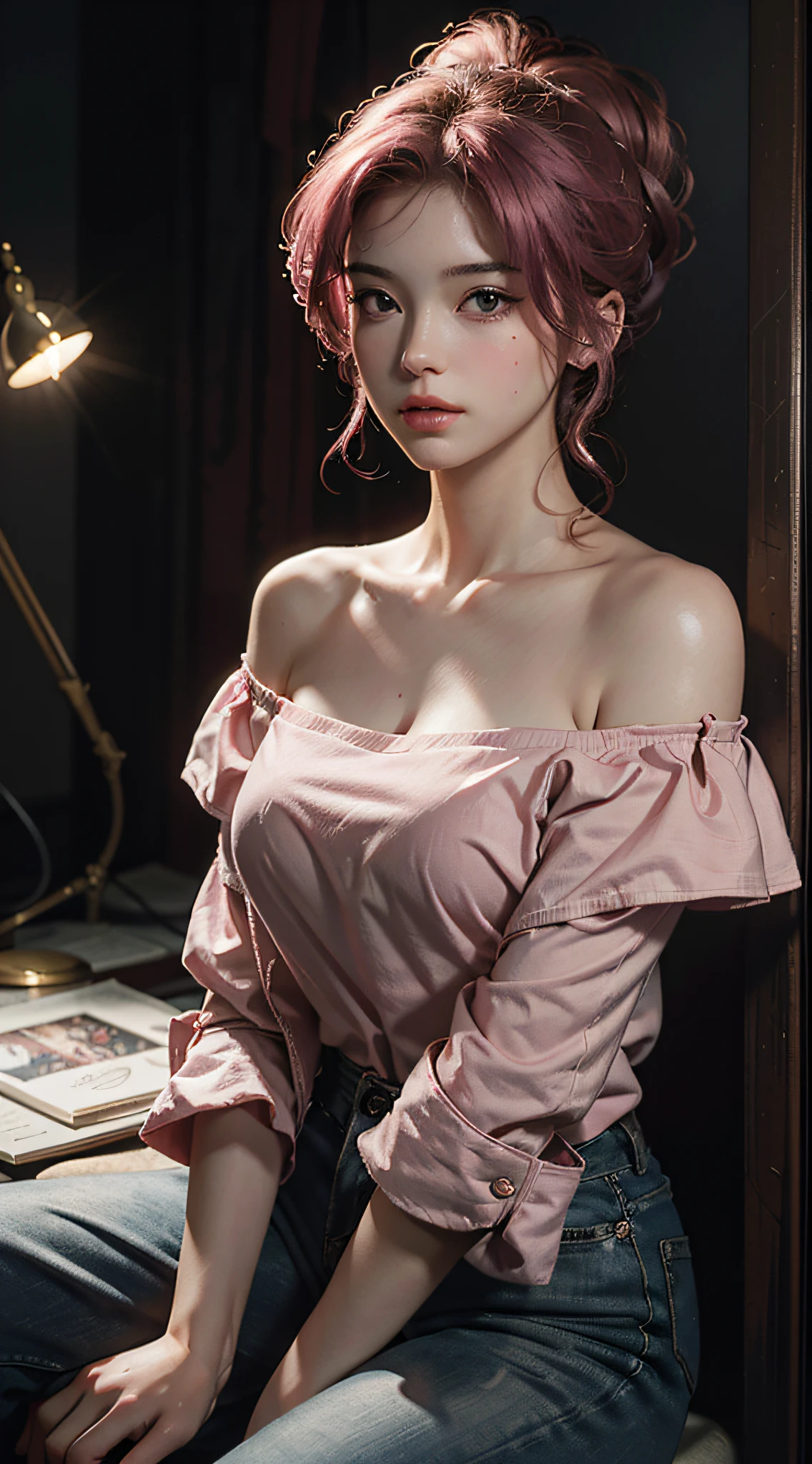 Best Quality, Masterpiece, Ultra High Resolution, (Realisticity: 1.4), Original Photo, 1girl, Pink Off-the-Shoulder, Cinematic Lighting