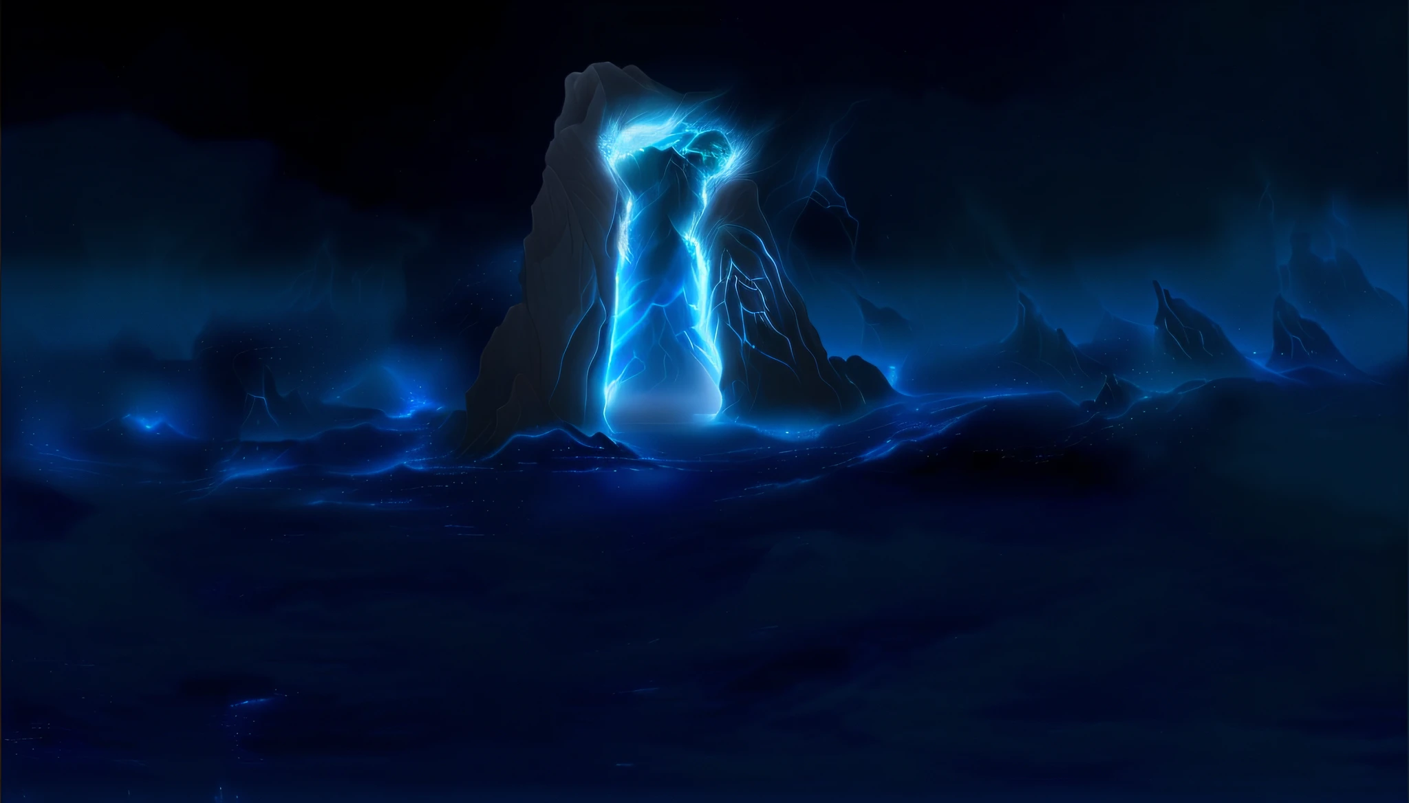 there is a waterfall that is in the middle of the ocean, matte painting arcane dota pixar, deviantart eka's portal, luminous water elemental, spirits coming out of portal, a portal to the lost flame realm, an ice volcano, legend of korra setting, bioluminescent waterfall, a portal to the depths, with ice powers