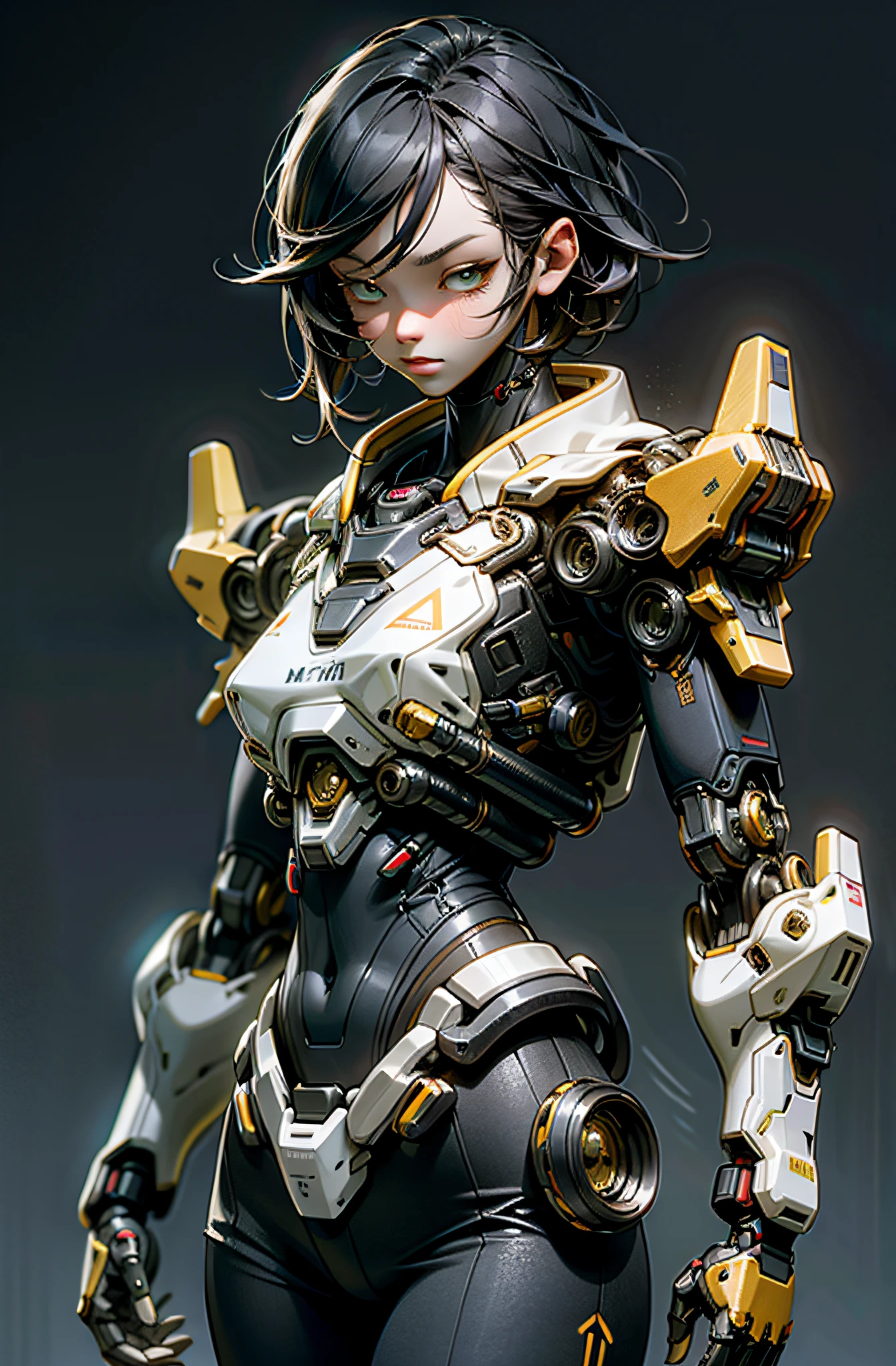 Dark_Fantasy, Cyberpunk, (1solo girl, katana, katana, yellow: 1.1), 1 man, mechanical marvel, robot existence, cybernetic guardian, exquisite eyes, detailed background, perfect face, delicate facial features, 32K, high resolution, high quality, high detail, colorful, beautiful wallpaper, glitter particles, realistic, OC rendering, supreme masterpiece