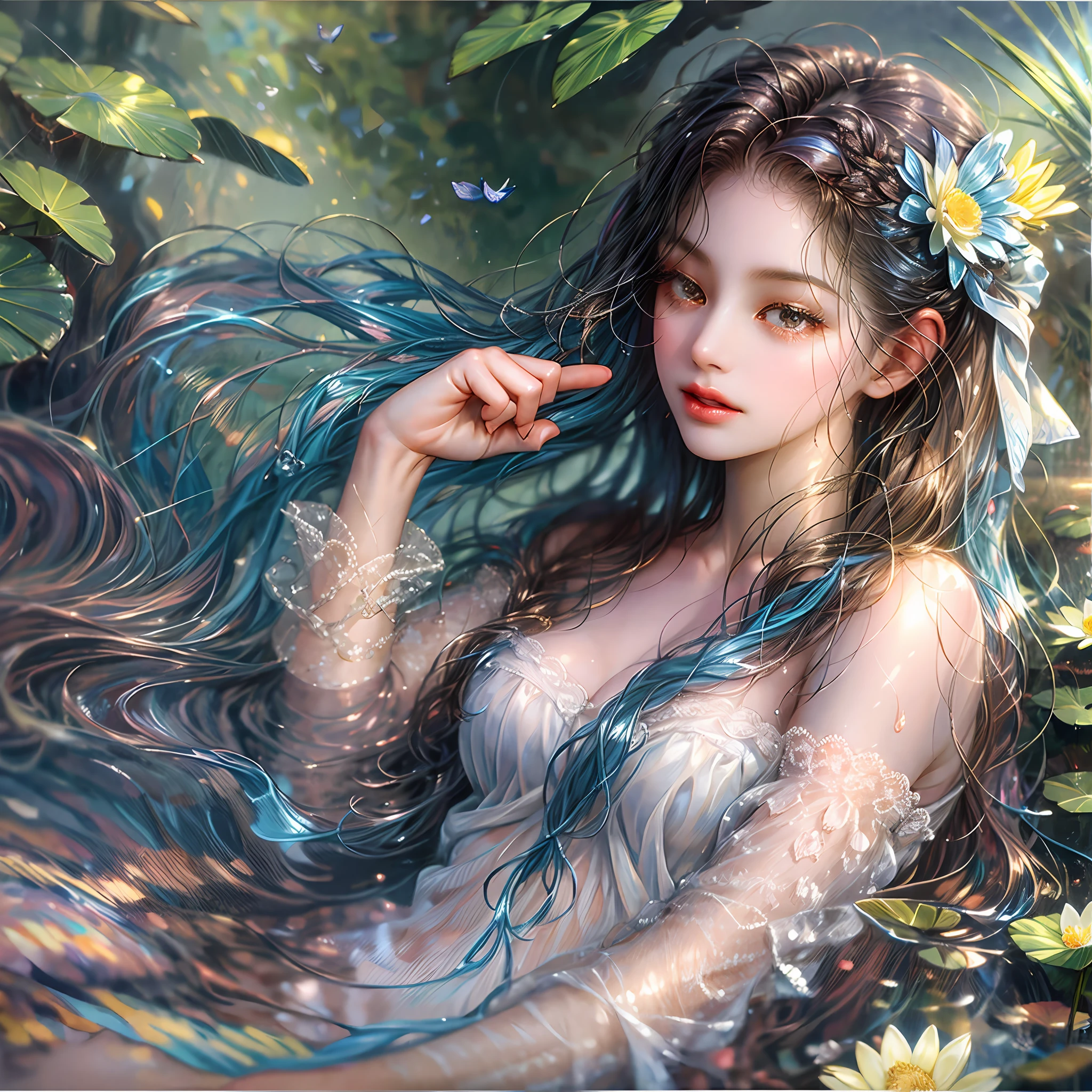 masterpiece
1 girl, bathed in a stream, partially immersed, from the side, upper body,
NSFW, nude,,
Beautiful and delicate face, age: 21, long hair, medium breasts,
Hair flowers, water on the skin,
shy
butterfly, grass, waterfall, lotus, dawn,
(highly detailed), (realistic), vivid colors,
Bright, deep shadows, dynamic light, colored water --auto --s2