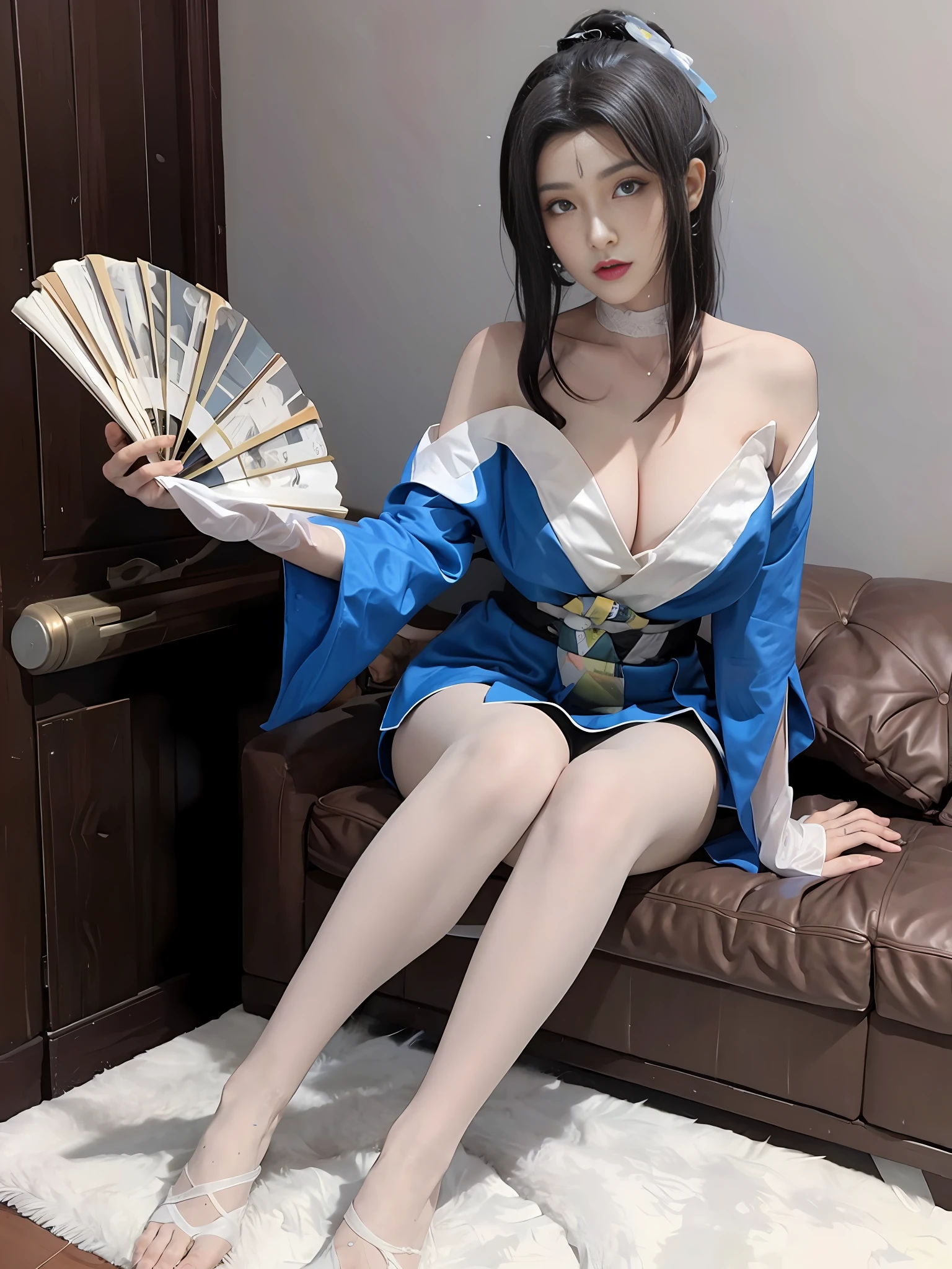 A beautiful and sexy woman, full body, long legs, barefoot, big breasts