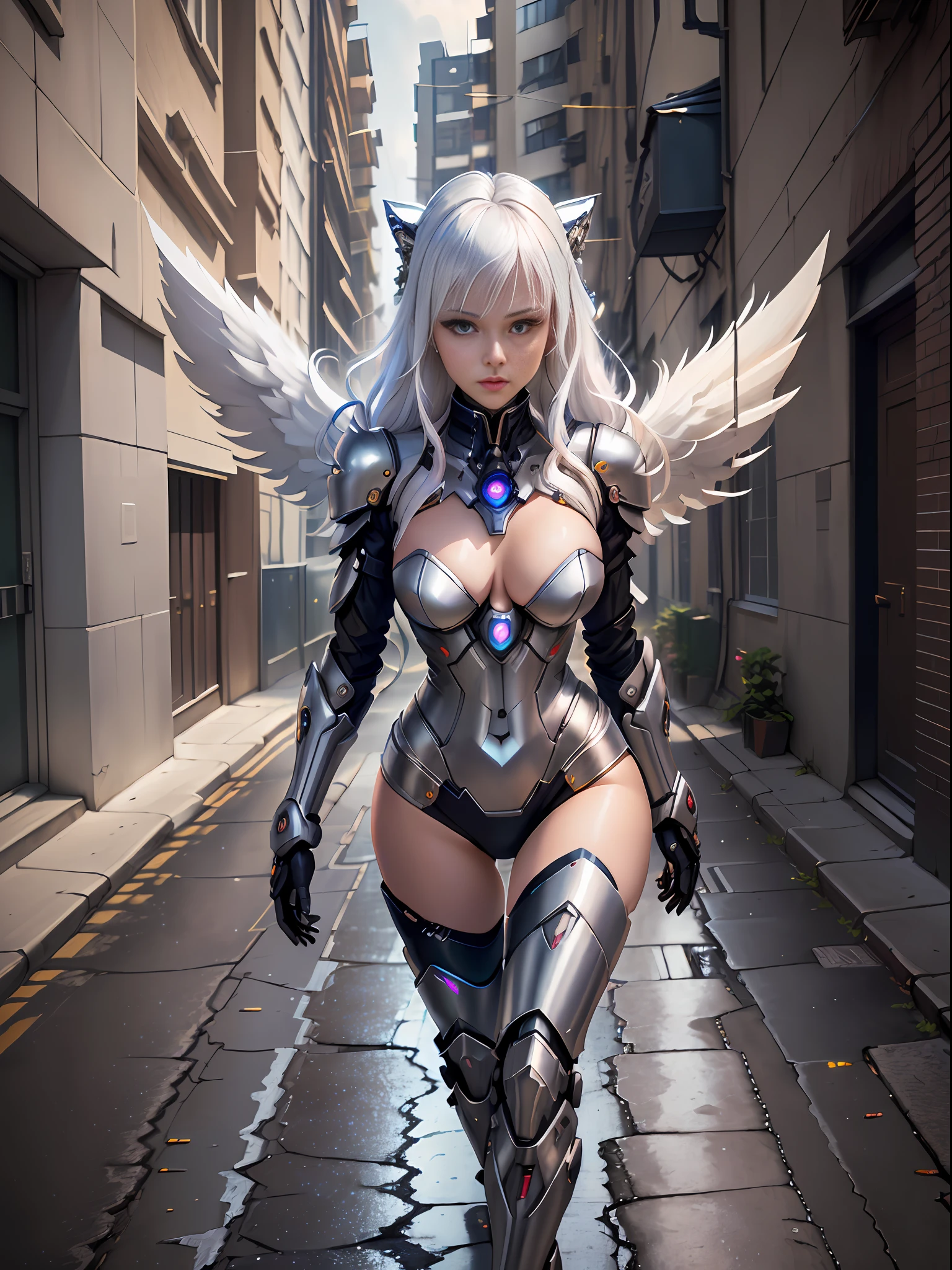 sexy girl in cyber silver armor, open navel, mecha suit, big angel wings, white hair, wolf ear, kicking people, on dark alley, cyberpunk technology, cables jaunting, lens flare, by Mathias Kollros, by Julia Pishtar, modeling photography, olivia de bernardinis, by steven belledin, alina ivanchenko, night raining, wet street, (masterpiece:1.3), (best quality:1.1), (intricate detail:1.1), (bilaterally symmetrial:1.5) (establishing shot:1.4)