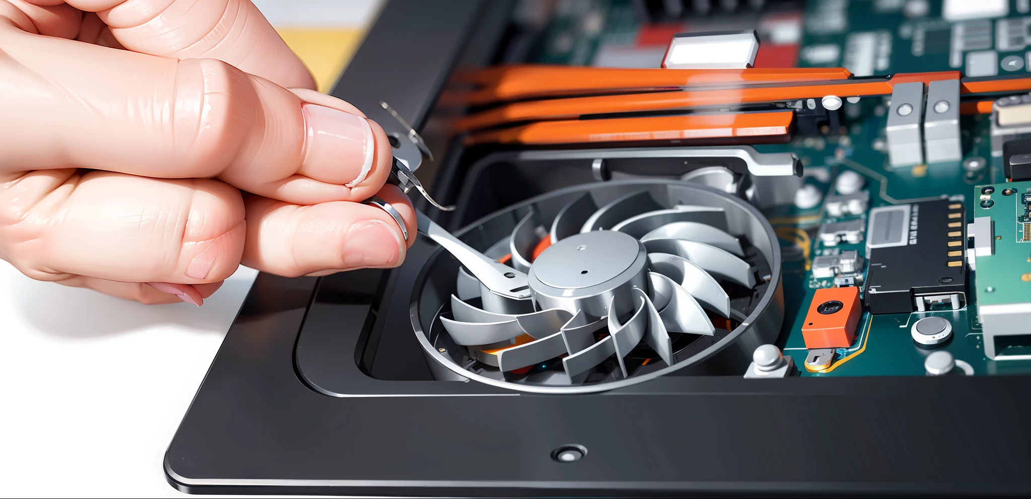 someone is removing the fan from the motherboard of a laptop, disassembling the computer, closeup, maintenance, photo maintenance, digitally enhanced, computers, repairing each other, overclocking, liquid cooling, advanced technology, watercooling, sharp detail, closeup portrait shot