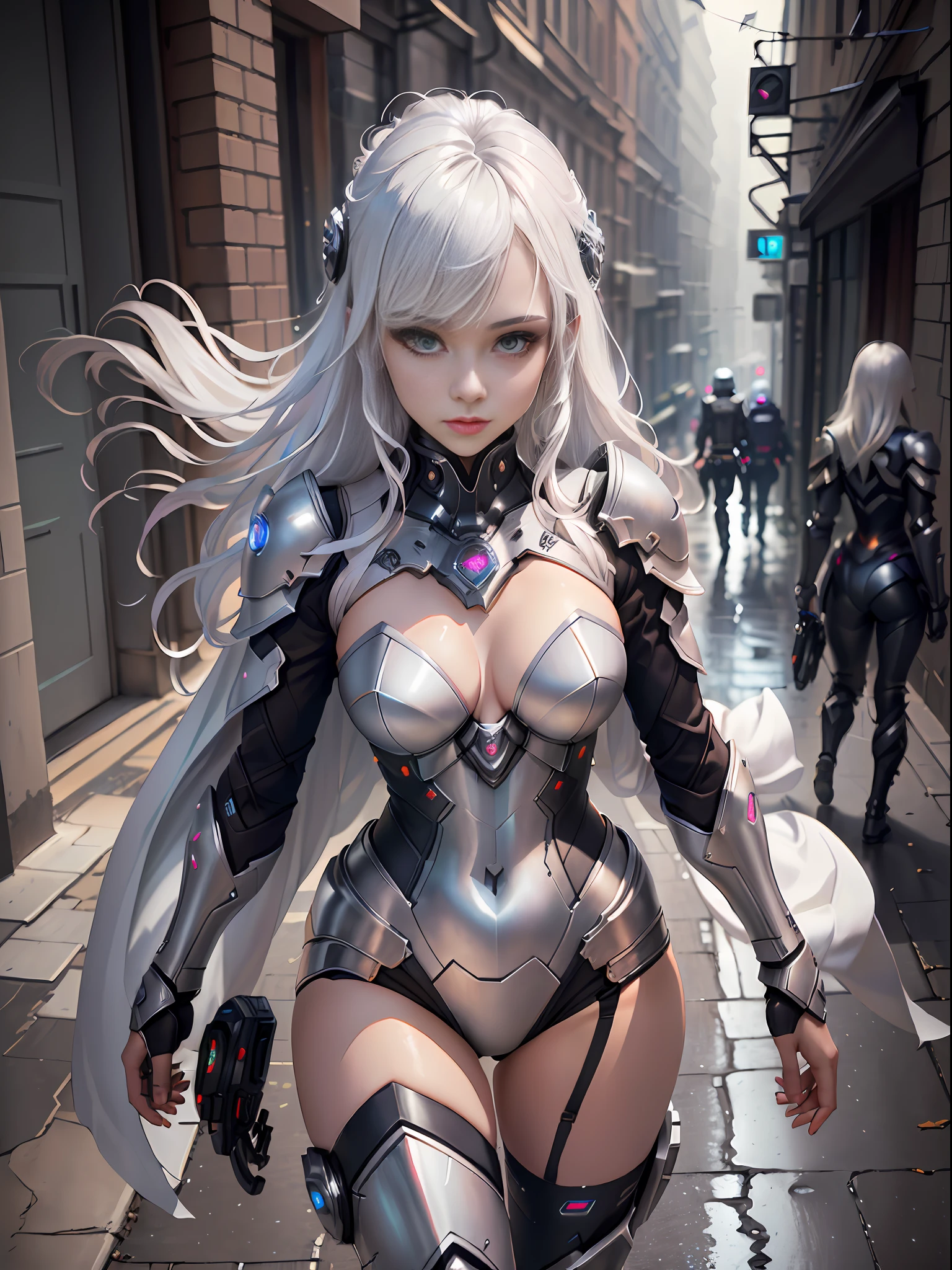 sexy girl in cyber silver armor, open navel, heavy suit, white cape, white hair, wolf ear, kicking people, on dark alley, cyberpunk technology, cables jaunting, lens flare, by Mathias Kollros, by Julia Pishtar, modeling photography, olivia de bernardinis, by steven belledin, alina ivanchenko, night raining, wet street, (masterpiece:1.3), (best quality:1.1), (intricate detail:1.1), (bilaterally symmetrial:1.5) (view from top:1.5)