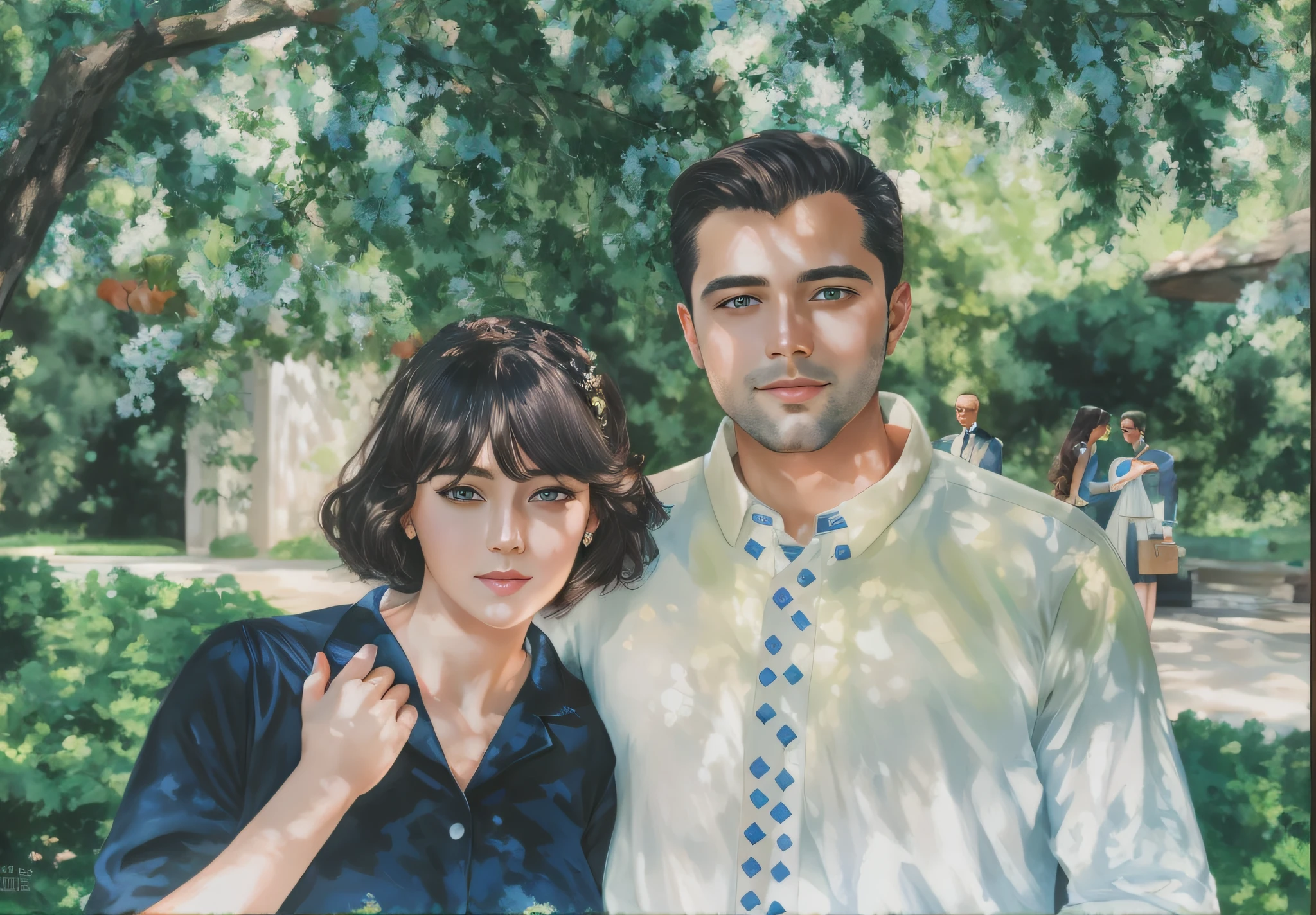 painting of a man and a woman standing in front of a tree, couple portrait, portrait of two people, portrait of couples, futuristic portrait,woman in blue dress and man in white shirt,no beard,8k,unreal engine