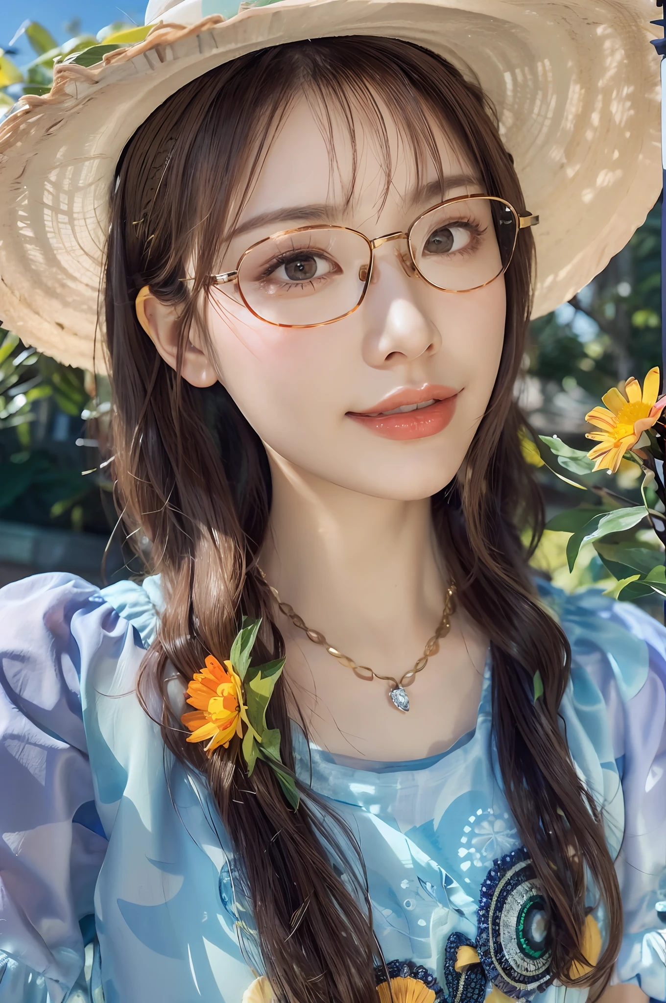 1girl, solo, starfish, shell, flower, hat, hair accessory, jewelry, straw hat, looking at audience, sunglasses, hat flower, straw, hairpin, earrings, safflower, tinted glasses, yellow flower, bangs, multicolored hair, orange blossom, black hair, ring, long hair, orange glasses, food, brown hair, portrait, shell hair ornament, highly detailed face and skin texture, fine eyes, double eyelids, whitening skin, half