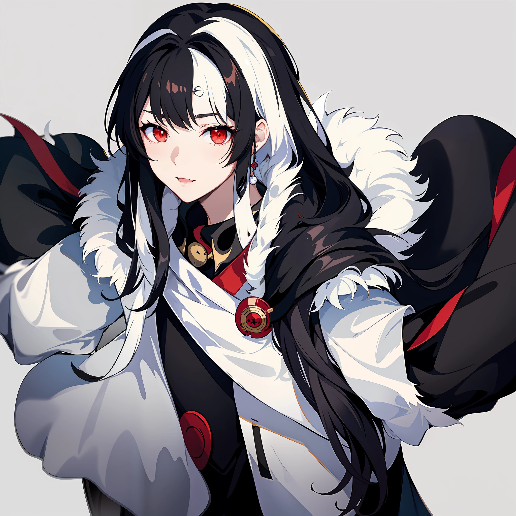 Only 1 anime female with long black hair and red eyes wearing a white coat, onmyoji portrait, azur lane style, beautiful anime female, anime moe artstyle, cute anime, attractive, anime 21yo Female, black and white hair style