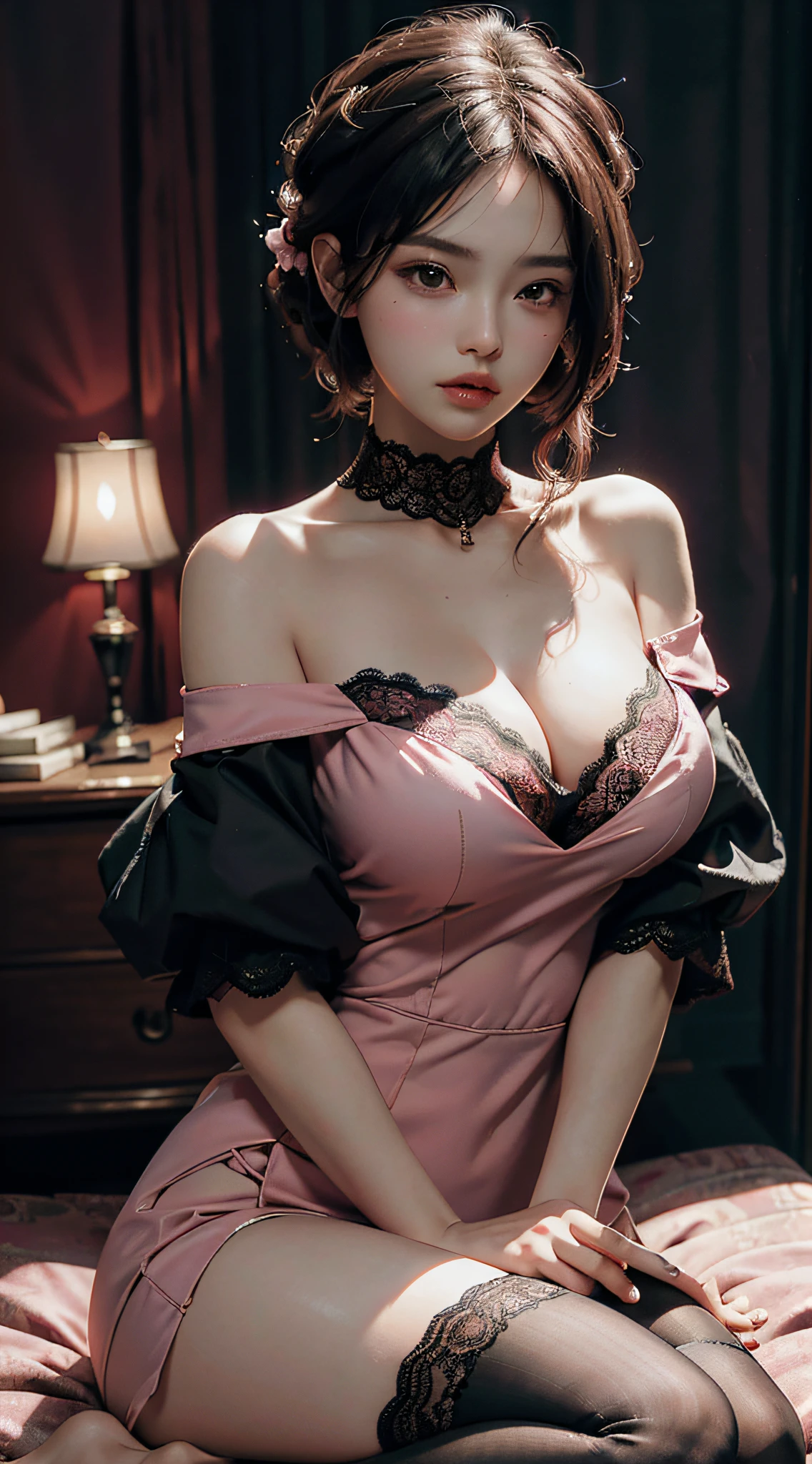 Best quality, masterpiece, super high resolution, (fidelity: 1.4), original photo, 1girl, pink off-the-shoulder, cinematic lighting, black clothes, lace, big breasts, stockings