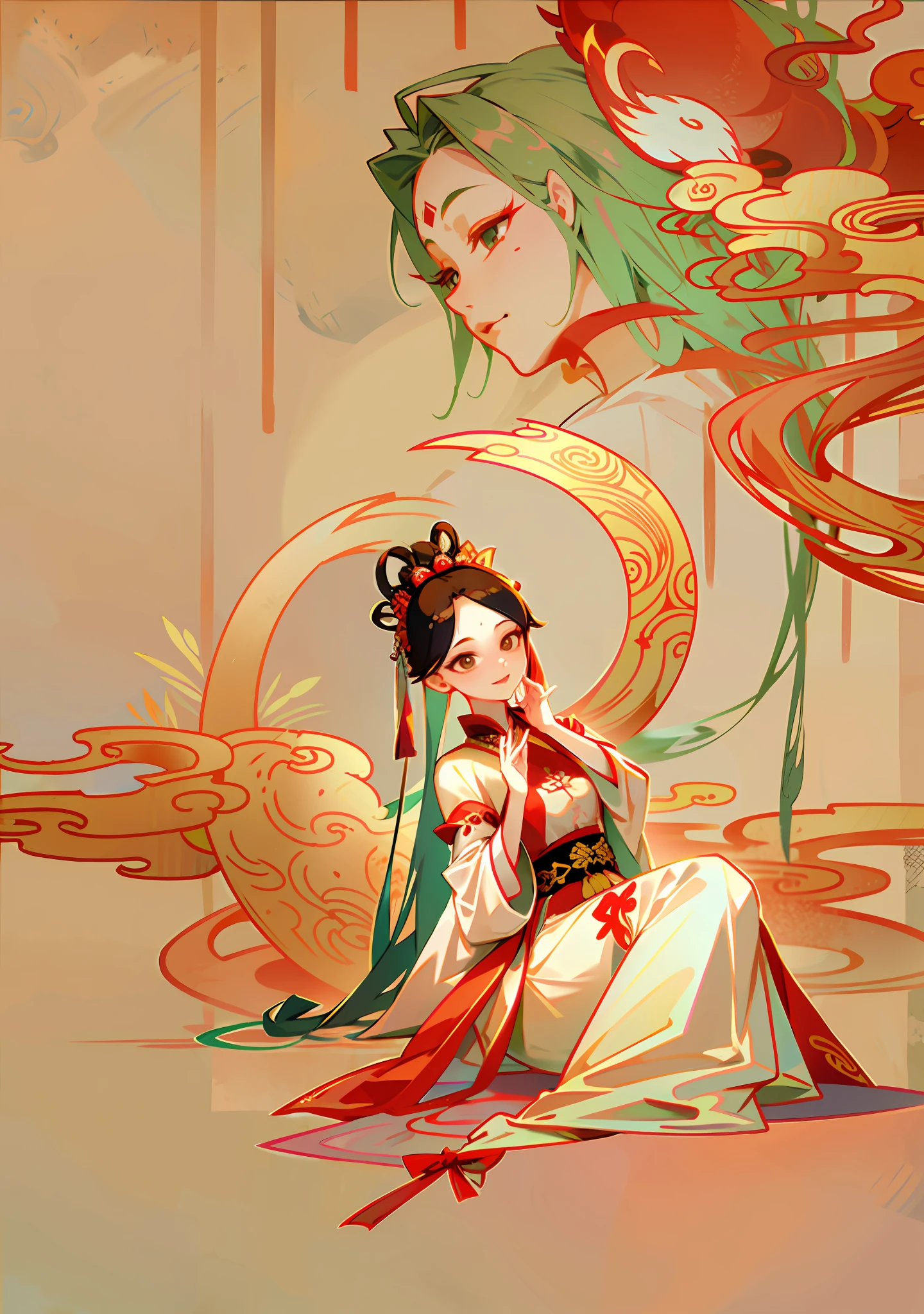 Close up of a person sitting on the floor with hands on cheeks, no background, girl in Hanfu, ancient Chinese princess, inspired by Yun Feiji, princess of ancient Asian dynasty, ancient Chinese beauty, wearing ancient Chinese costume, beautiful artwork illustration, Chinese princess, cute lazy princess, ancient Chinese goddess, inspired by Chinese queen Qiu Ying, clear fingers, clear eyes