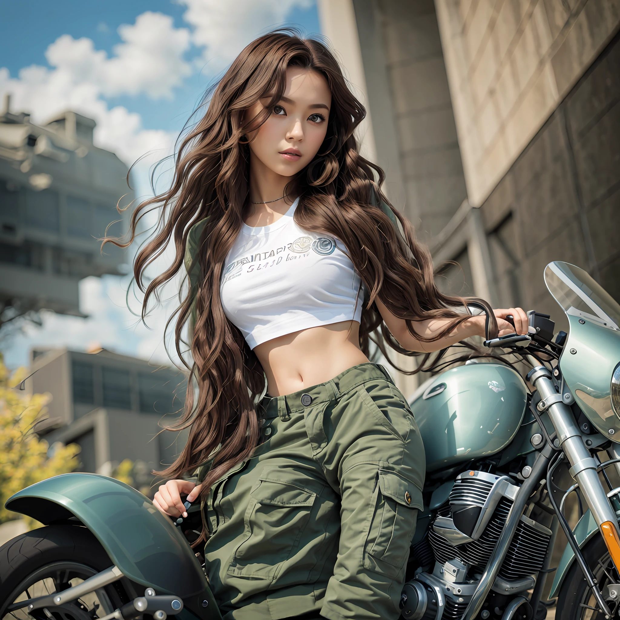 A Woman, Royal Sister, Big Wave Curly Long Hair, Cool Sa, Motorcycle, Gray-green T-shirt, Cargo Pants, Beautiful, Kind, Medium Scene, Fisheye, Masterpiece, Top Quality, Best Quality, Official Art, Beauty and Aesthetics, Rendered in a Blender, Fine Detail Brush Strokes, High Resolution Product Photos, 8K Original, Can Pass Review --auto --s2