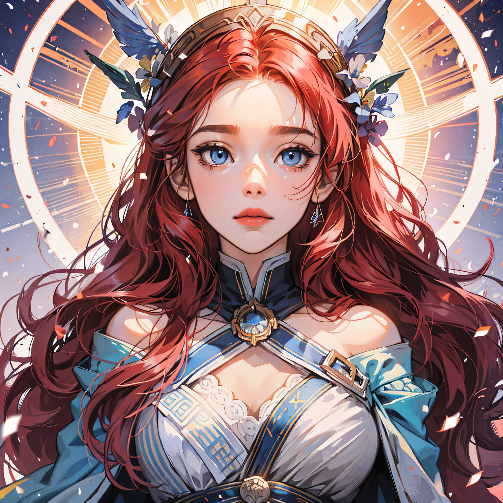 a girl named Apollinaria, red hair, large gray-blue eyes, the goddess of the sun, the sun's rays, a beautiful robe, an inverted triangle figure, an oval face --auto --s2
