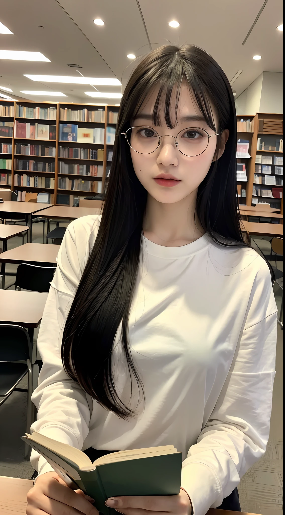 (Best quality, 8k, 32k, Masterpiece, UHD:1.2),Photo of Pretty Japanese woman, 1girl, (long dark black hair), bangs, double eyelid, large breasts, bad fashion, large white T-shirt, sweatpants, sitting in library, glasses, reading book, hands on table, upper body, holding book