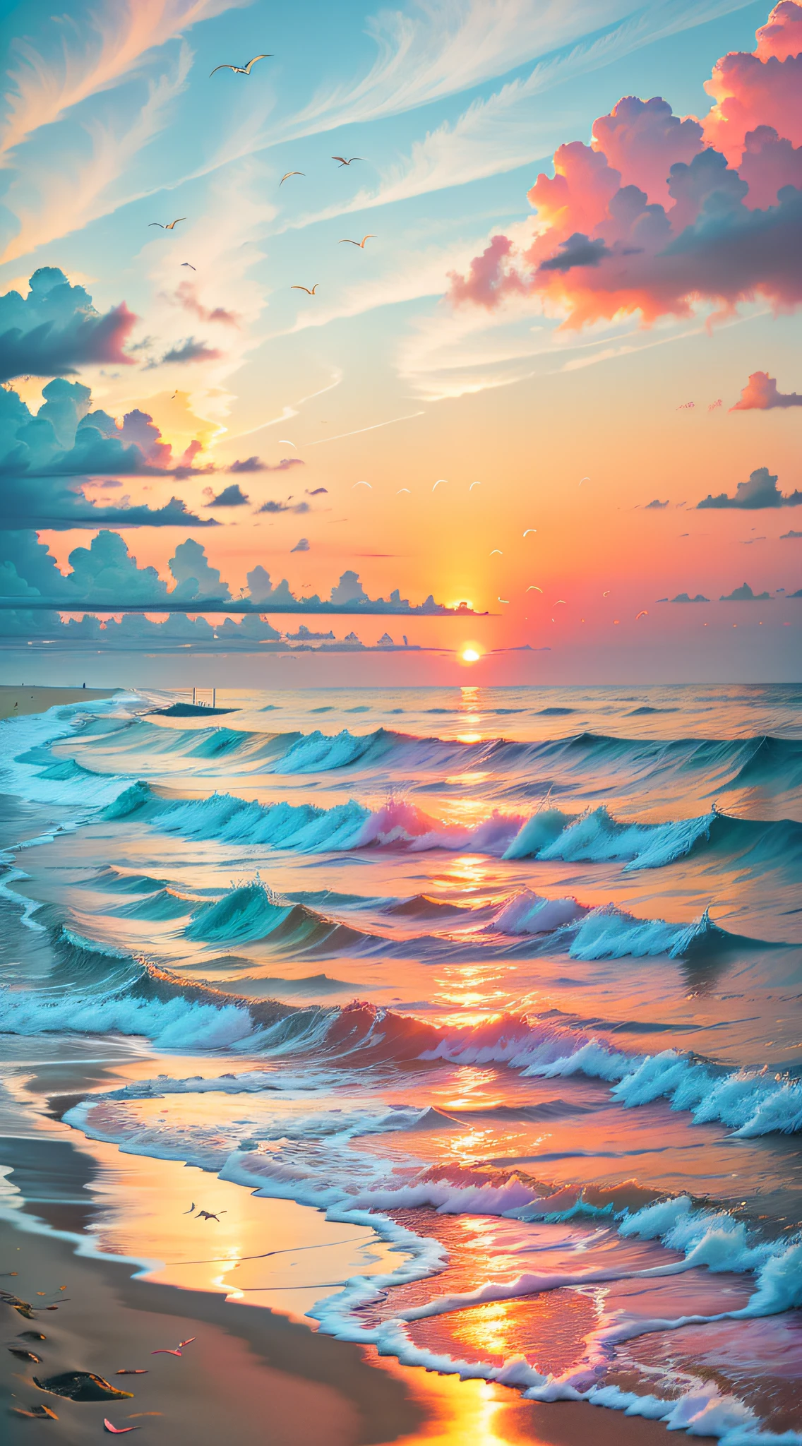 An absolutely mesmerizing sunset on the beach, with a mix of orange, pink, and yellow in the sky. The water is crystal clear, gently kisses the coast, and the white sand is endless. The scene is dynamic and breathtaking, with seagulls soaring high in the sky and palm trees swaying softly. Immerse yourself in the calm atmosphere and let the serenity surround you.