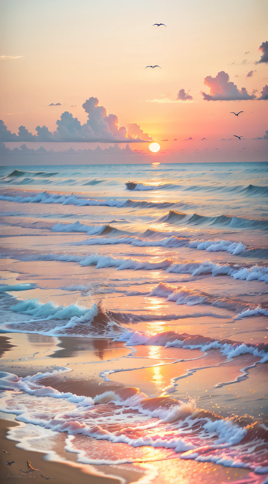 An absolutely mesmerizing sunset on the beach, with a mix of orange, pink, and yellow in the sky. The water is crystal clear, gently kisses the coast, and the white sand is endless. The scene is dynamic and breathtaking, with seagulls soaring high in the sky and palm trees swaying softly. Immerse yourself in the calm atmosphere and let the serenity surround you.
