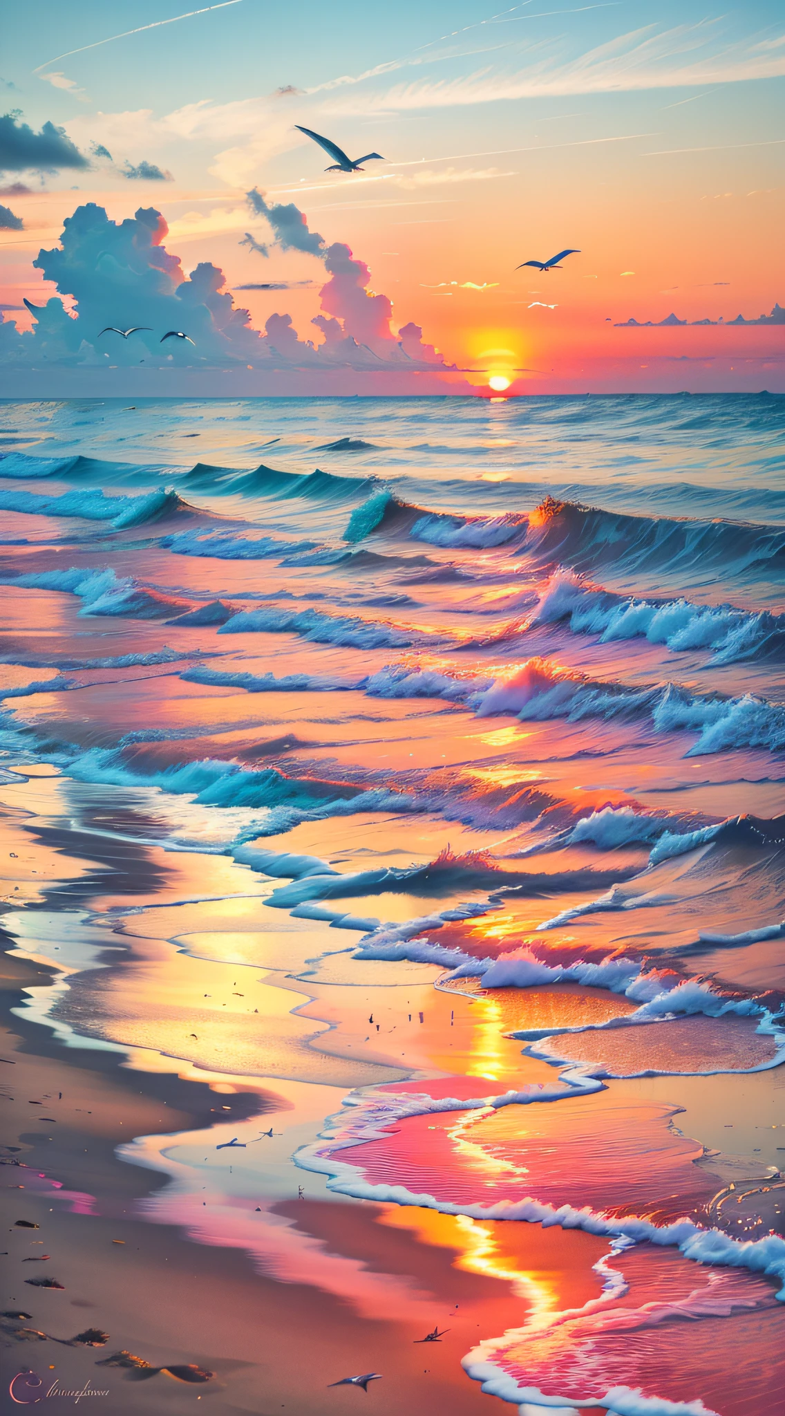 An absolutely mesmerizing sunset on the beach, with a mix of orange, pink, and yellow in the sky. The water is crystal clear, gently kisses the coast, and the white sand is endless. The scene is dynamic and breathtaking, with seagulls soaring high in the sky and palm trees swaying softly. Immerse yourself in the calm atmosphere and let the serenity surround you.