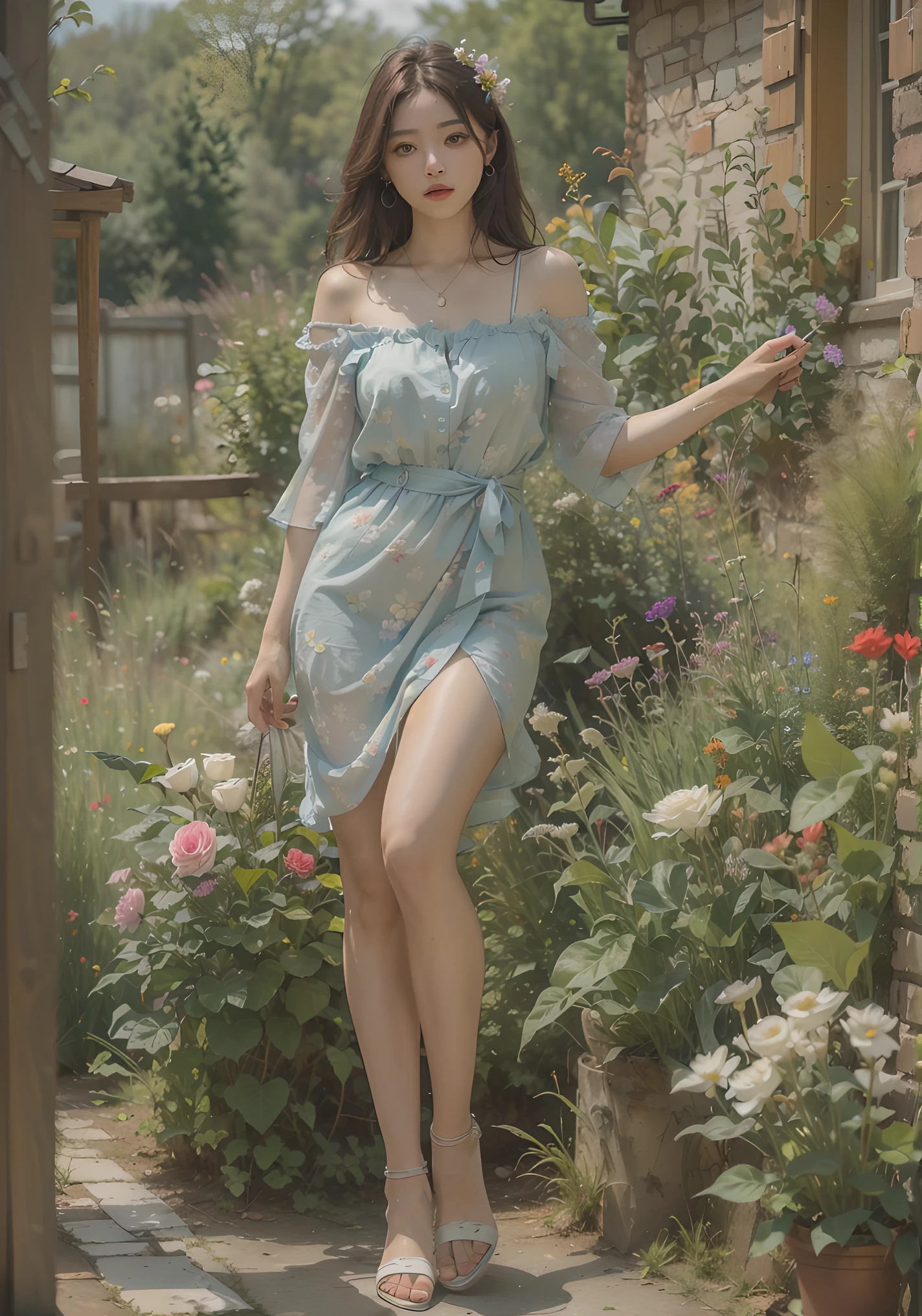 a woman in a blue dress standing in a garden, light blue dress portrait, ethereal and dreamy, a stunning young ethereal figure, wearing in a summer dress, lady with glowing flowers dress, with frozen flowers around her, wearing a flowing dress, in the garden, sky - blue dress, standing in flower field, translucent dress, 🤬 🤮 💕 🎀