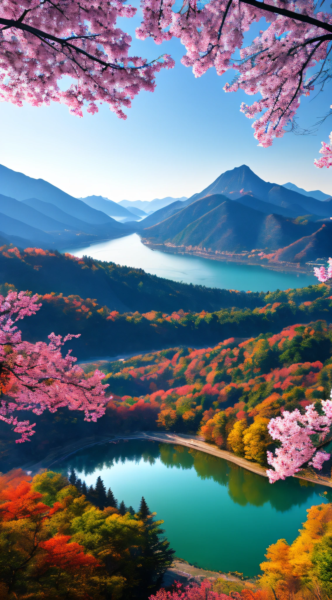 A beautiful Korean mountain and lake, (masterpiece), (portrait), (raw photo), (highly detailed CG unity 8k wallpaper) intricate, sharp focus, dramatic, realistic art